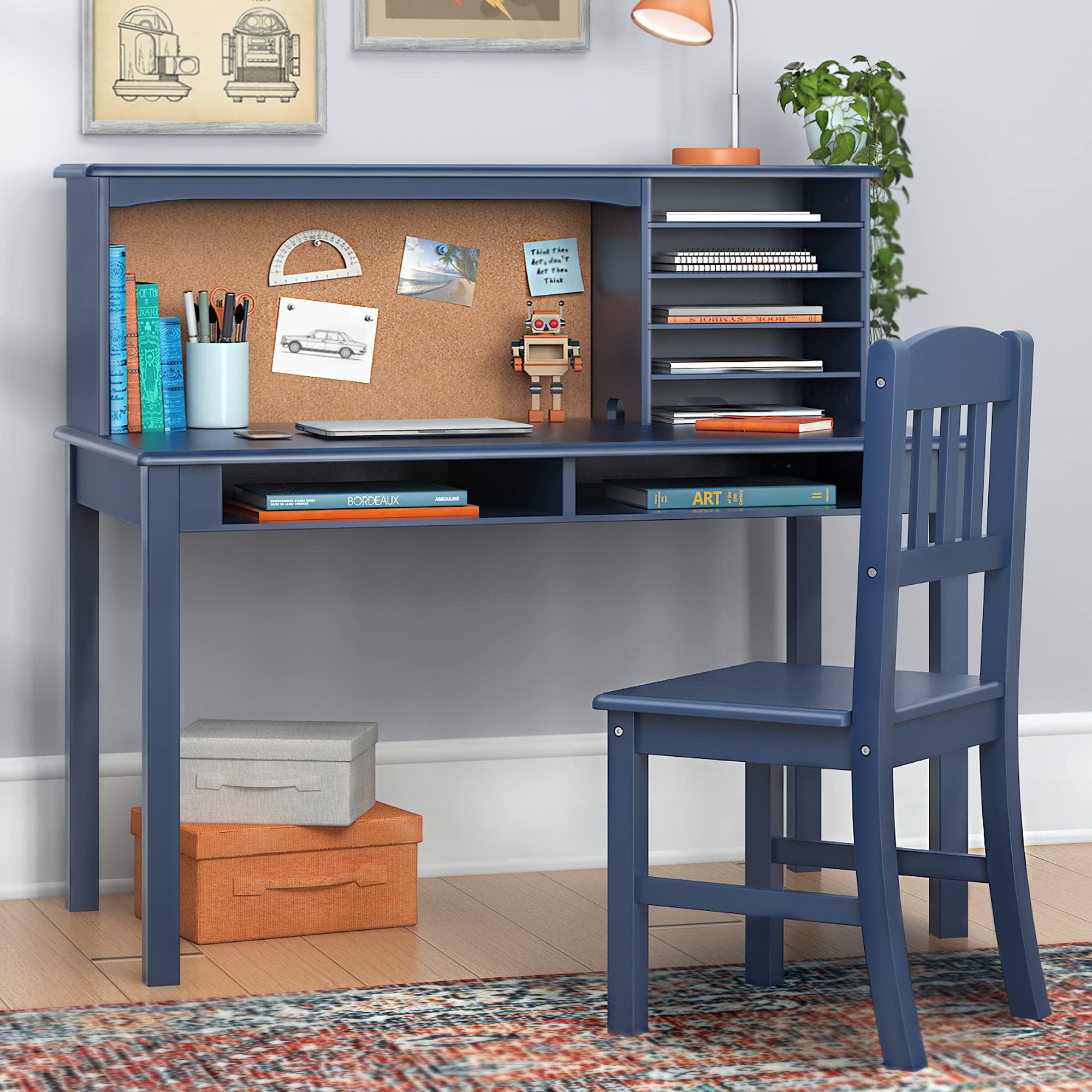 Kids Desk and Chair Set with Hutch & Storage – Navy Wooden Study Table for Boys, Student Workstation for Bedroom or Study Room