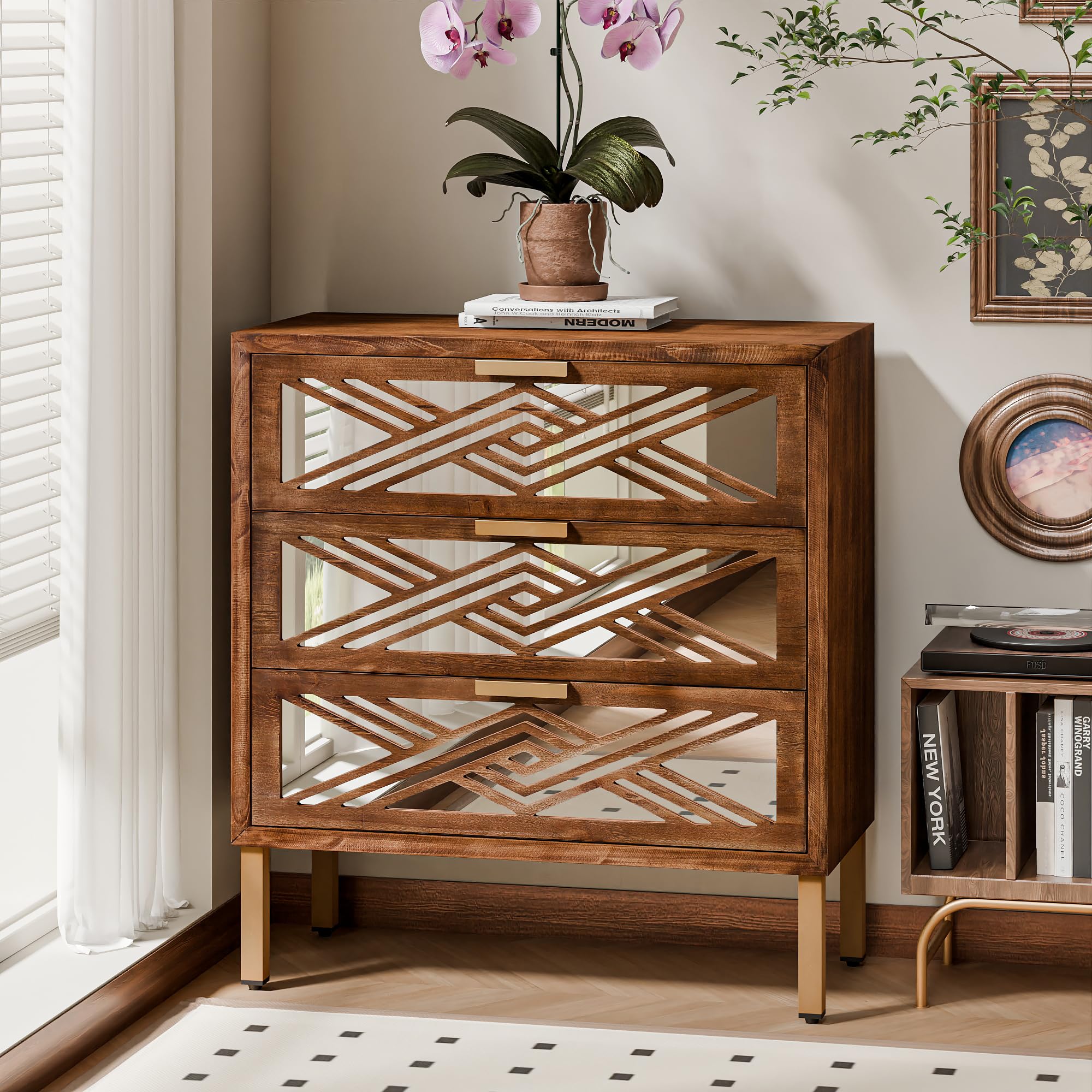 3-Drawer Accent Dresser with Mirror Fronts, Modern Farmhouse Accent Chest Clean-Lined Silhouette