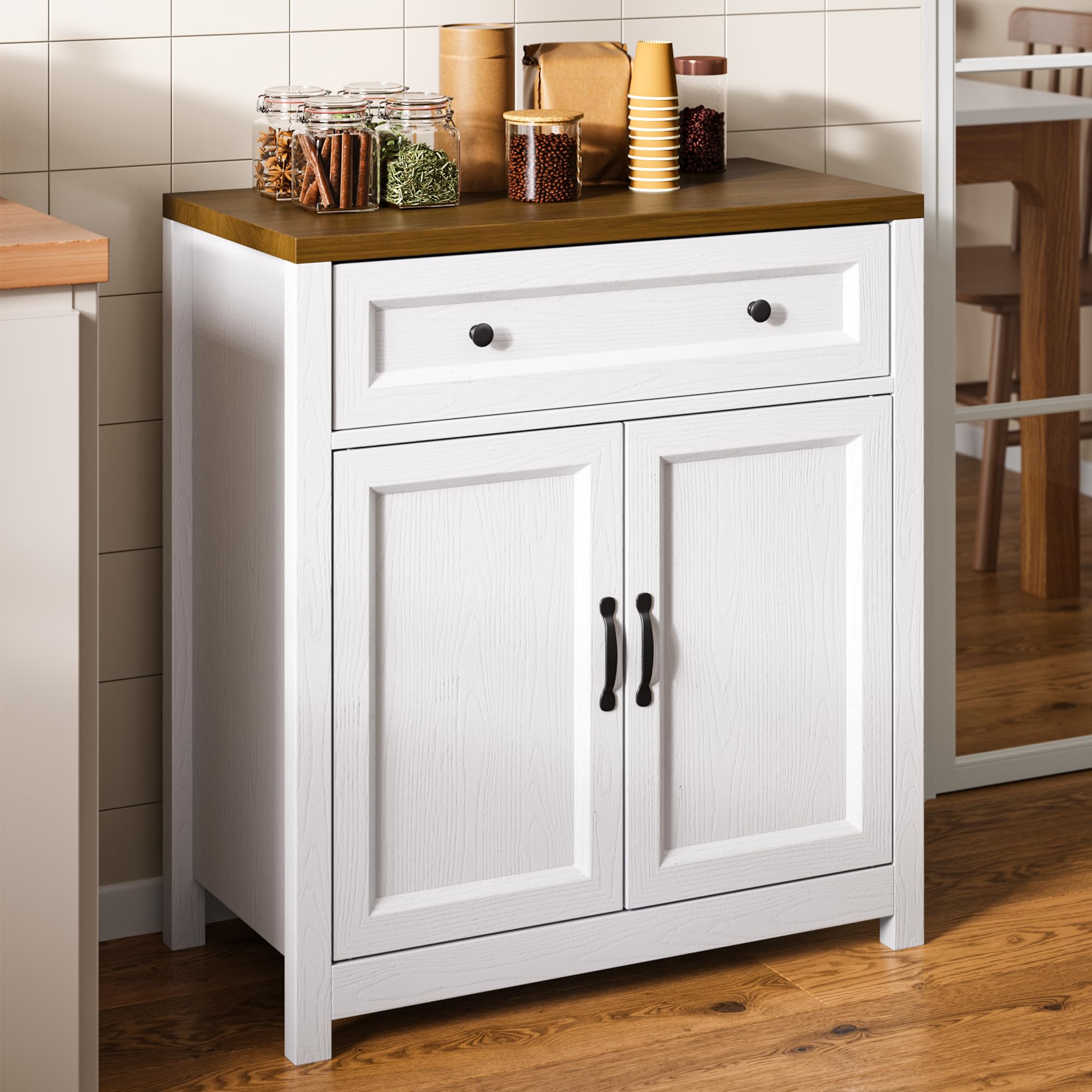 Kitchen Storage Cabinet with Adjustable Shelf, Farmhouse Coffee Bar Sideboard Buffet with Large Drawer, Barn Door, 30"W x 15.6"D x 33.3"H