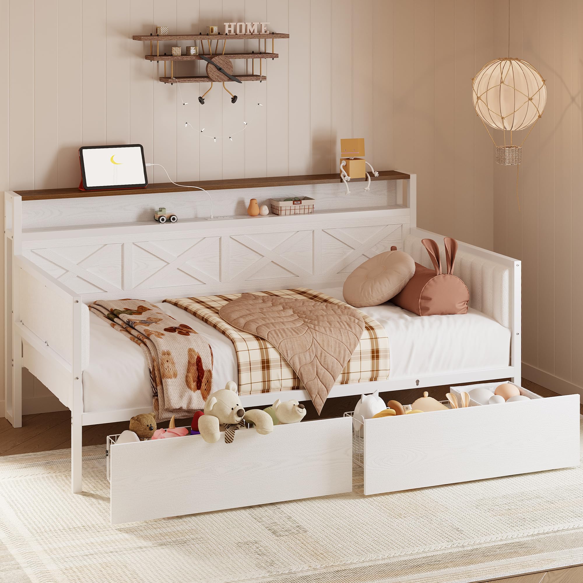 Twin Daybed with Storage Drawers, Metal Frame with X-Shaped Headboard & Charging Station, Farmhouse Bed for Bedroom, White/Walnut