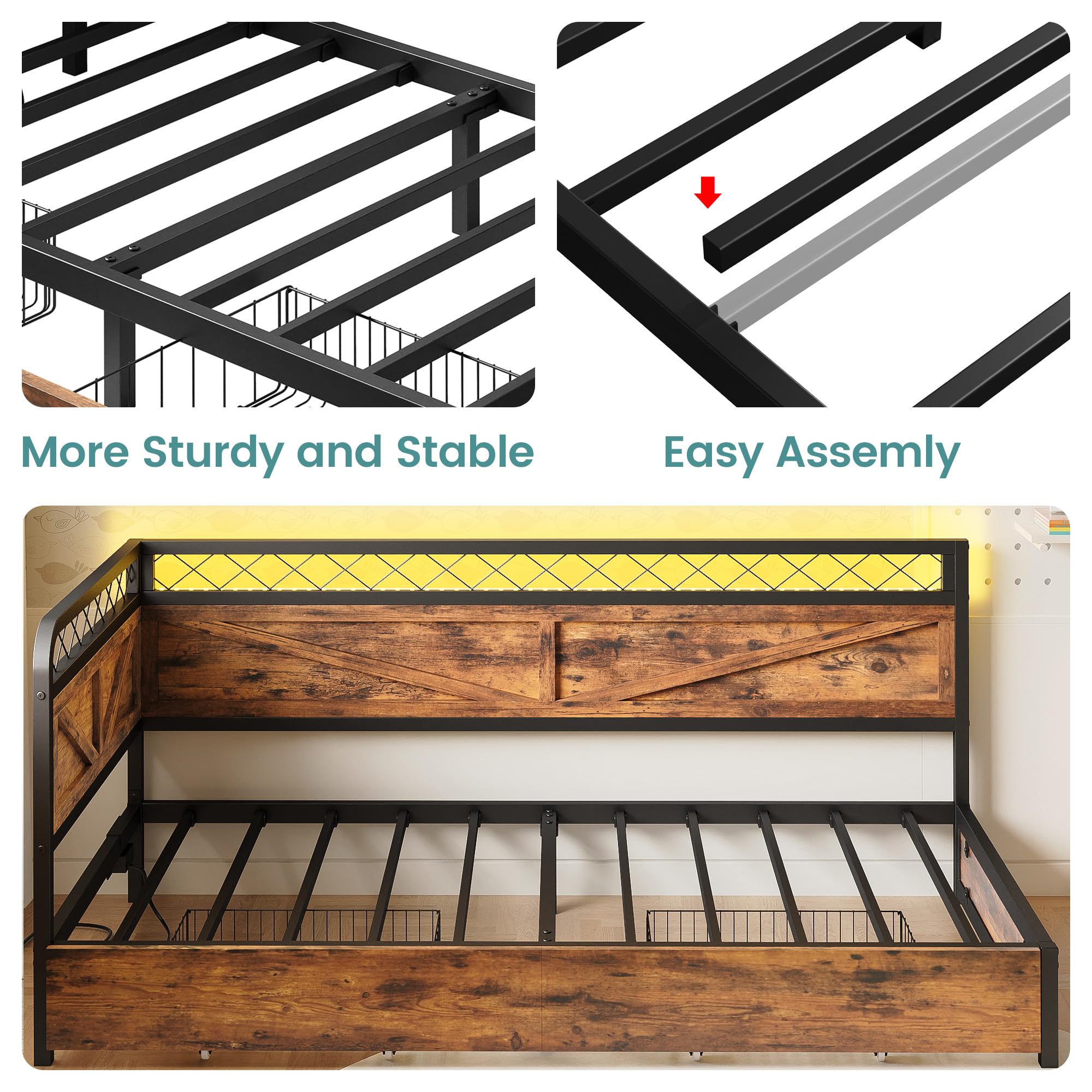 Twin Daybed with Storage Drawers, Corner Bed Frame with LED Lights and Charging Station for Living Room, Bedroom and Guest Room, Industrial Brown