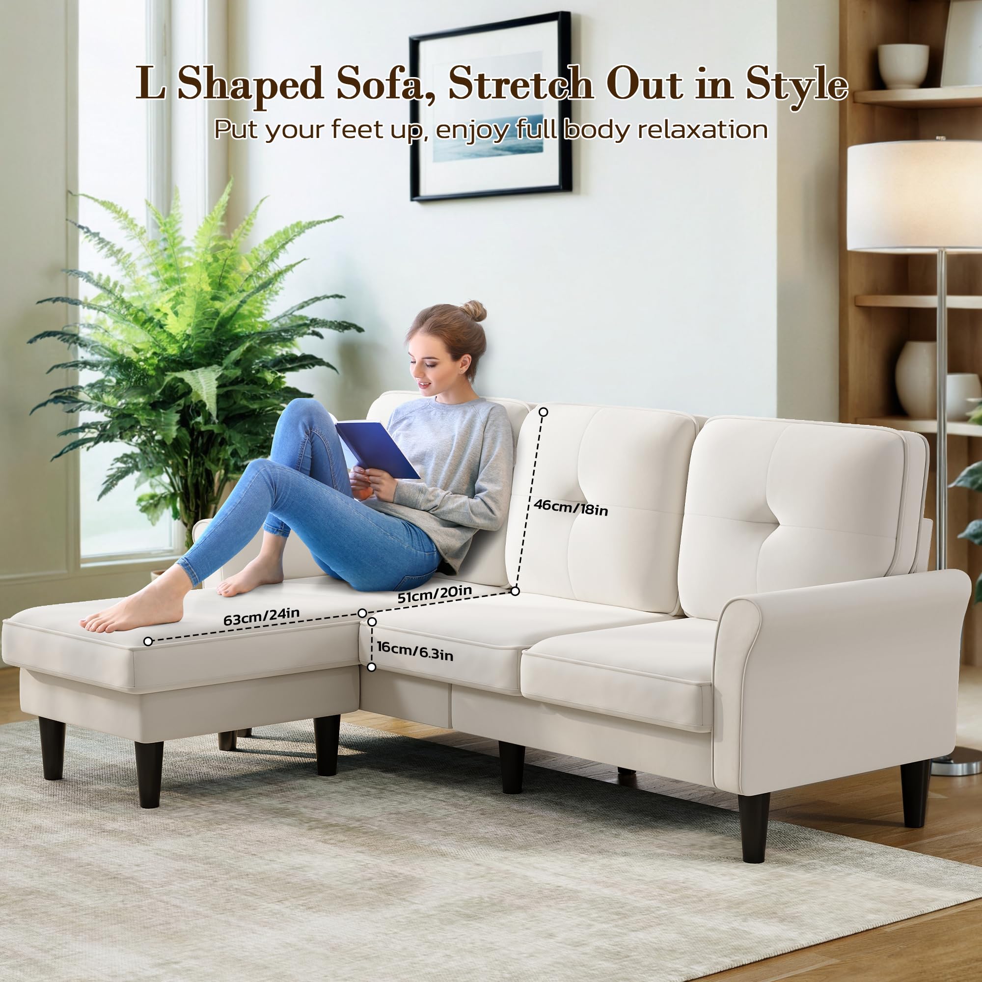 83" Velvet Sectional Couch, Modern 3-Seater L-Shaped Sofa with Ottoman, Small Sofa for Living Room, Bedroom, Apartment, Office, Beige
