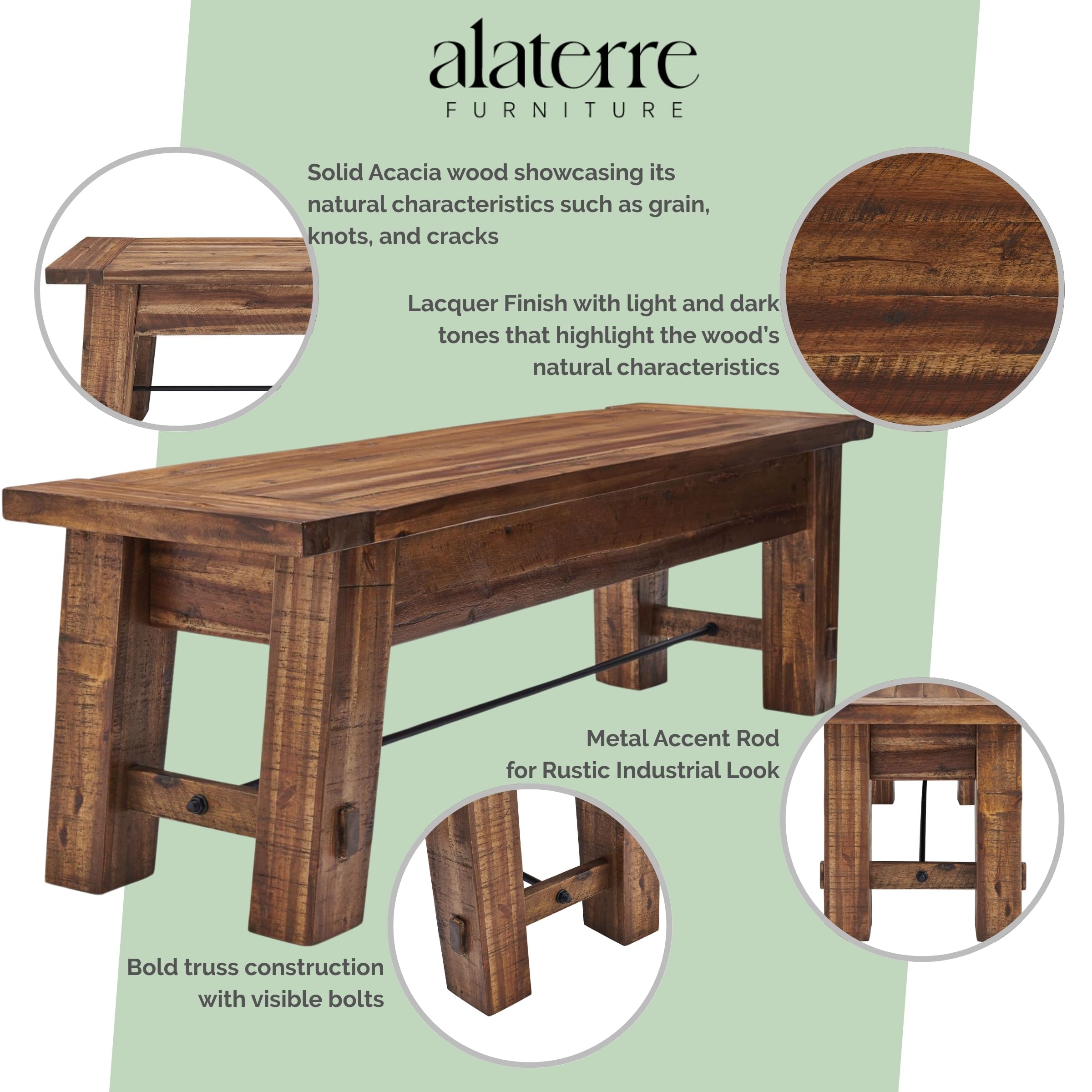 Durango 60" Rustic Farmhouse Wood Bench, Solid Wood Seat, Industrial Accent Furniture for Entryway, Dining Room, Hallway, by Alaterre