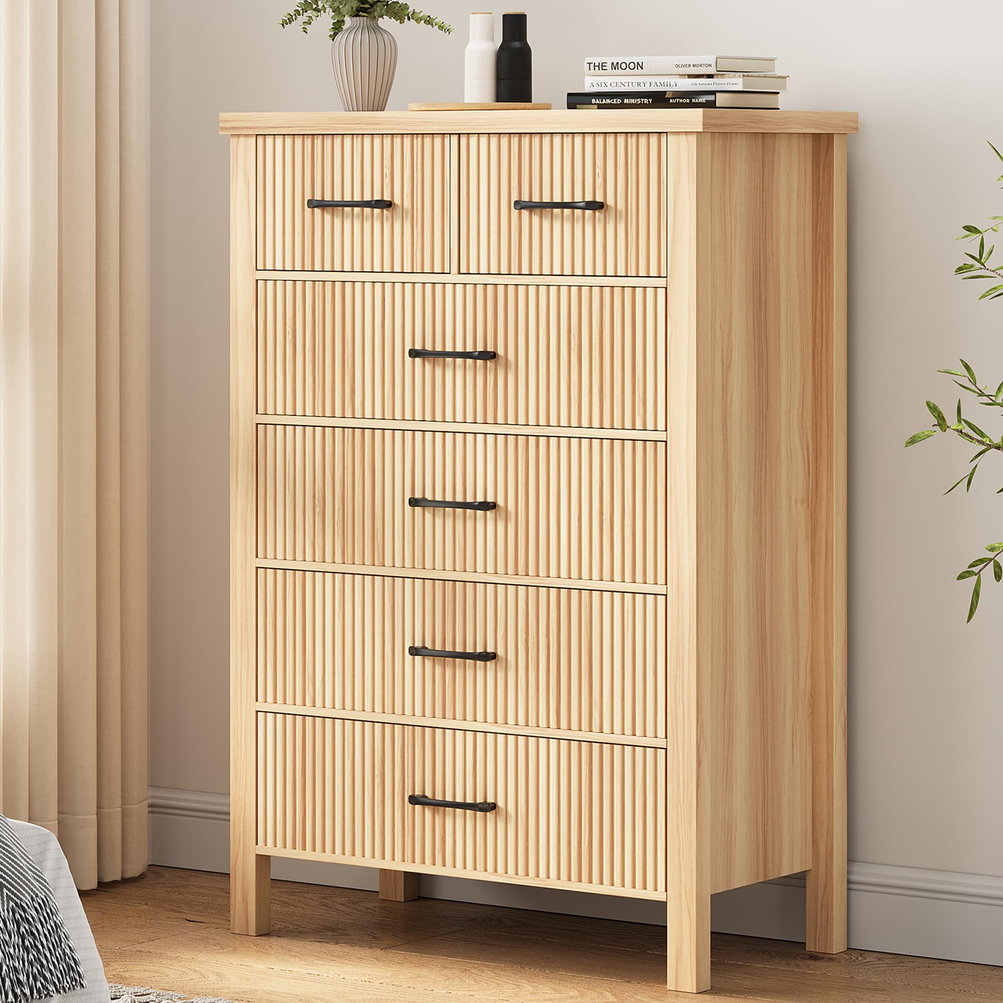 Fluted 6 Drawers Dresser for Bedroom, Tall Boho Chest of Drawers with Metal Handle, Wooden Closet Clothes Storage Organizer for Living Room, Hallway (Natural Oak)
