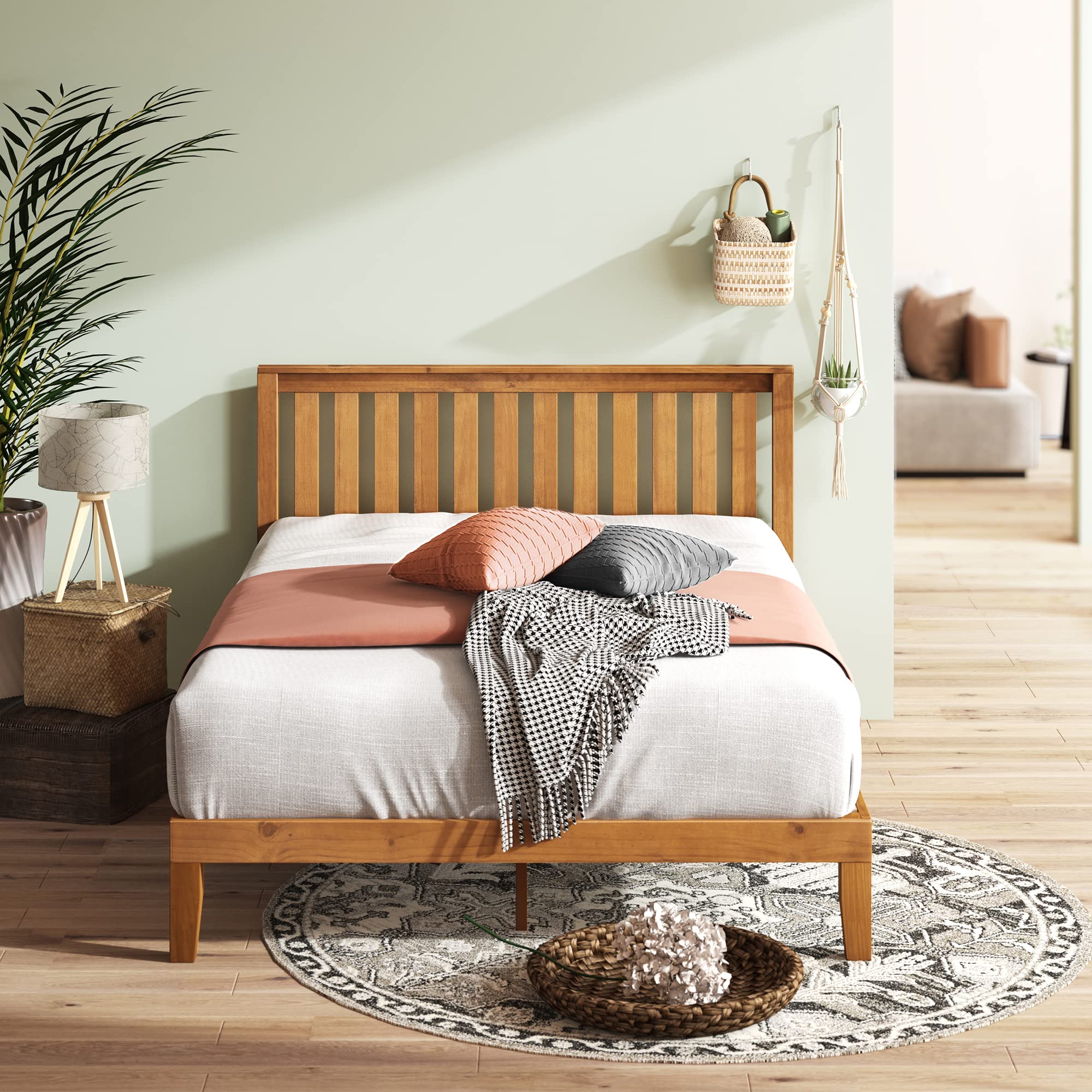 Zinus 12 Inch Solid Wood Platform Bed with Headboard/No Box Spring Needed/Wood Slat Support/Rustic Pine Finish, Queen