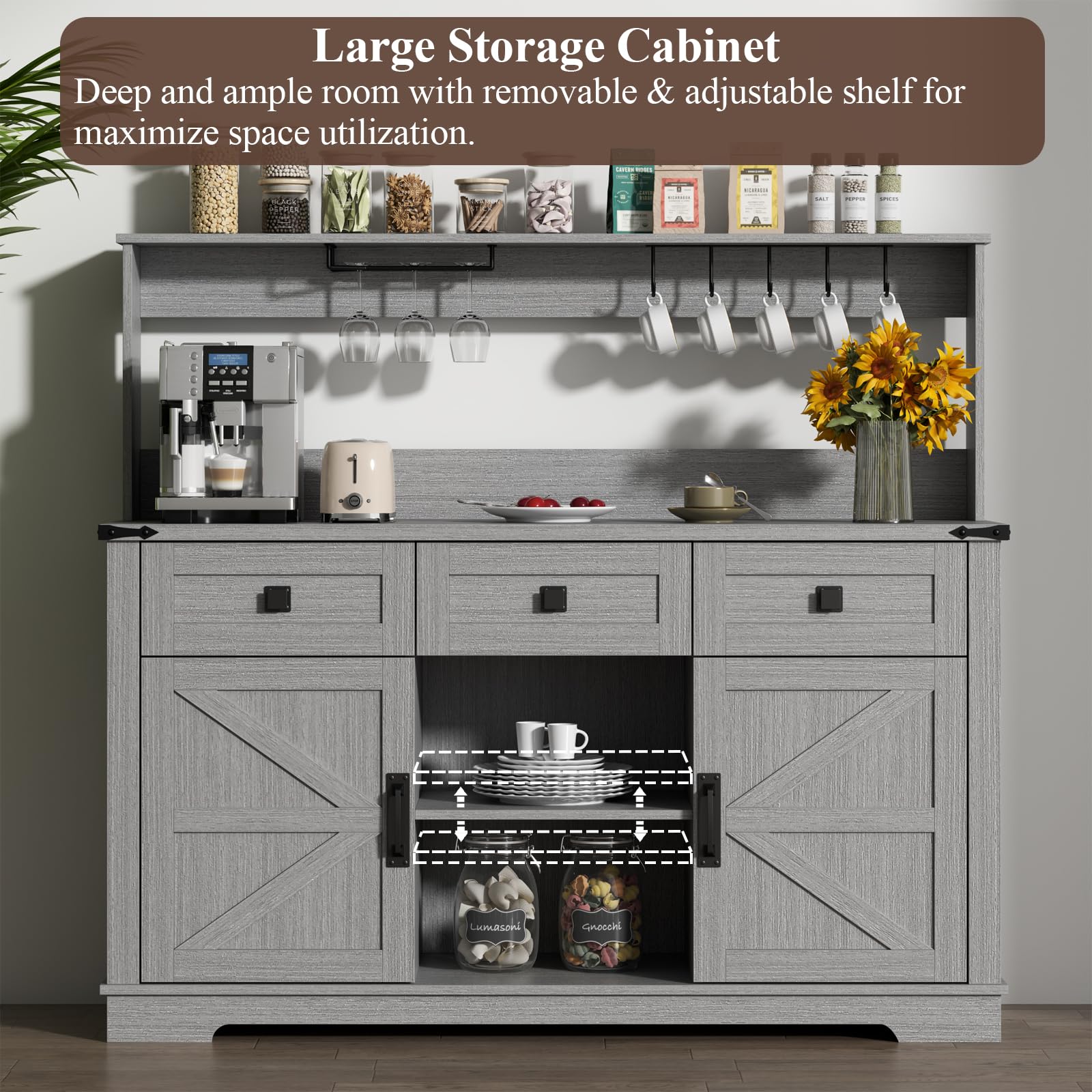 Farmhouse Bar Cabinet with Hutch, Kitchen Buffet Cabinet with Storage Cabinet & 3 Sliding Drawers, Adjustable Shelf, Goblet Holder, Cup