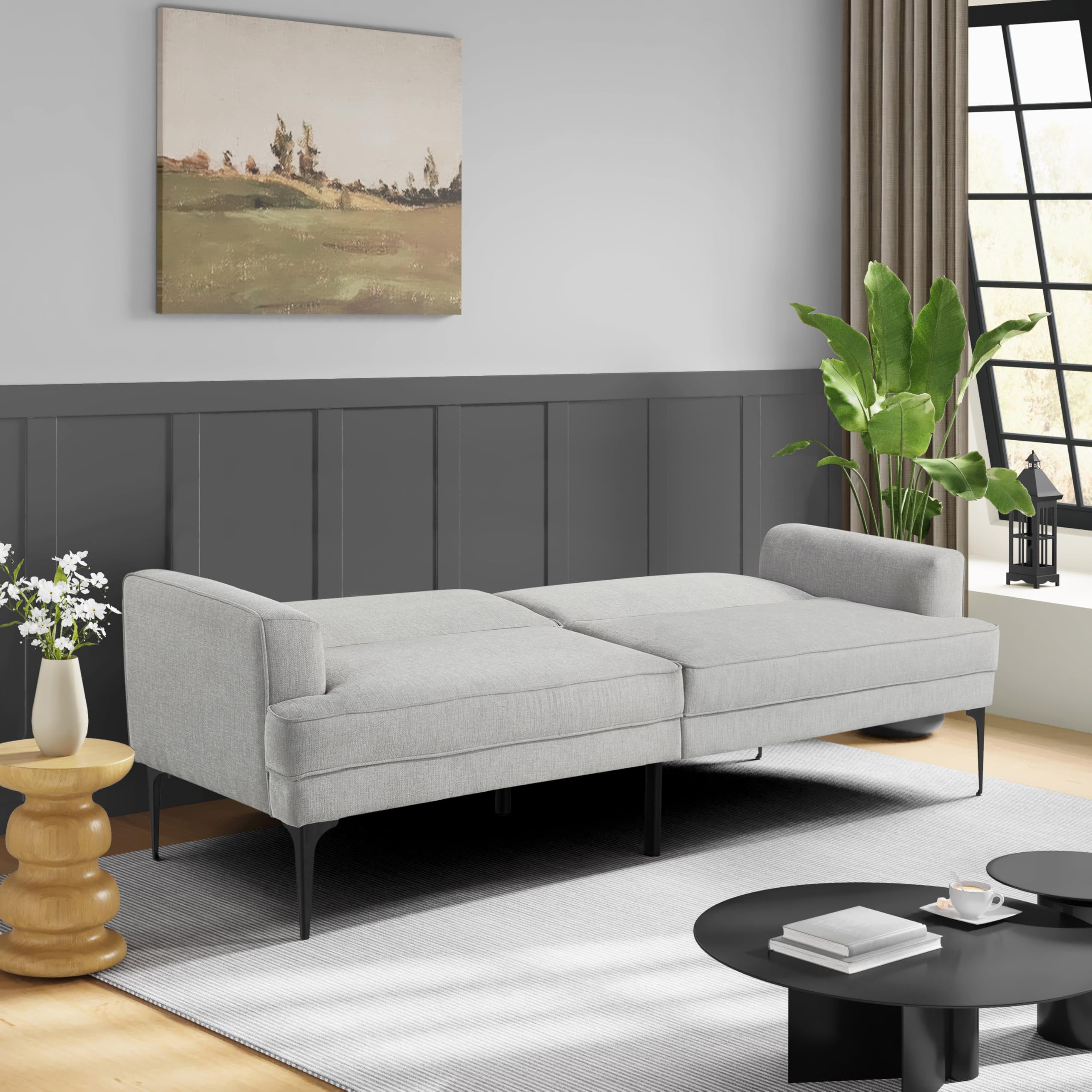 Paulsen 83.1" Split Back Convertible Futon Sofa, Dreamcoil® Comfort, FingerGuard® Pinch Point Protection, Woven Polyester Fabric, Light Gray