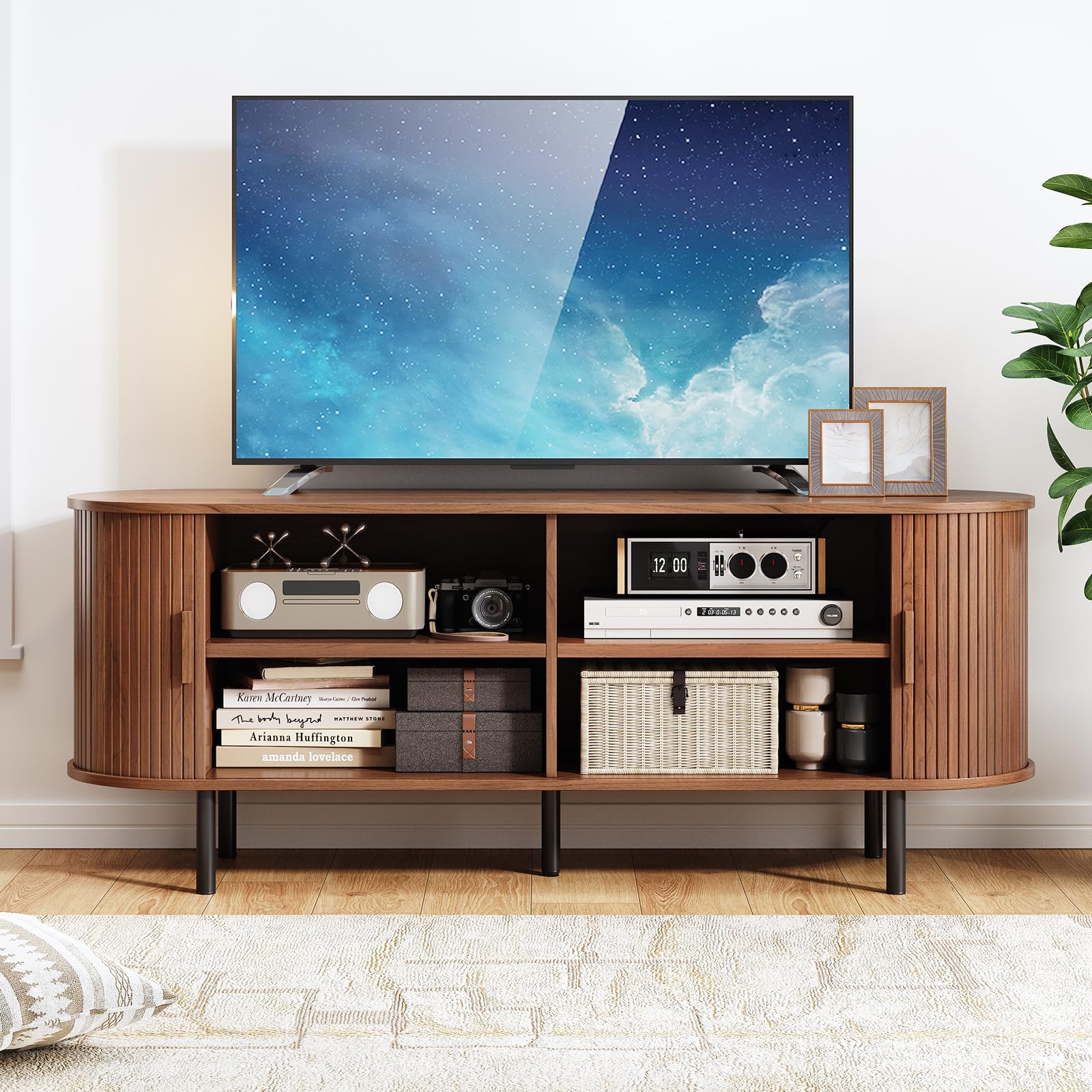 Mid-Century Modern TV Stand with Power Outlet, Media Console with Sliding Doors & Adjustable Shelves, Entertainment Center for TVs up to 60", Walnut