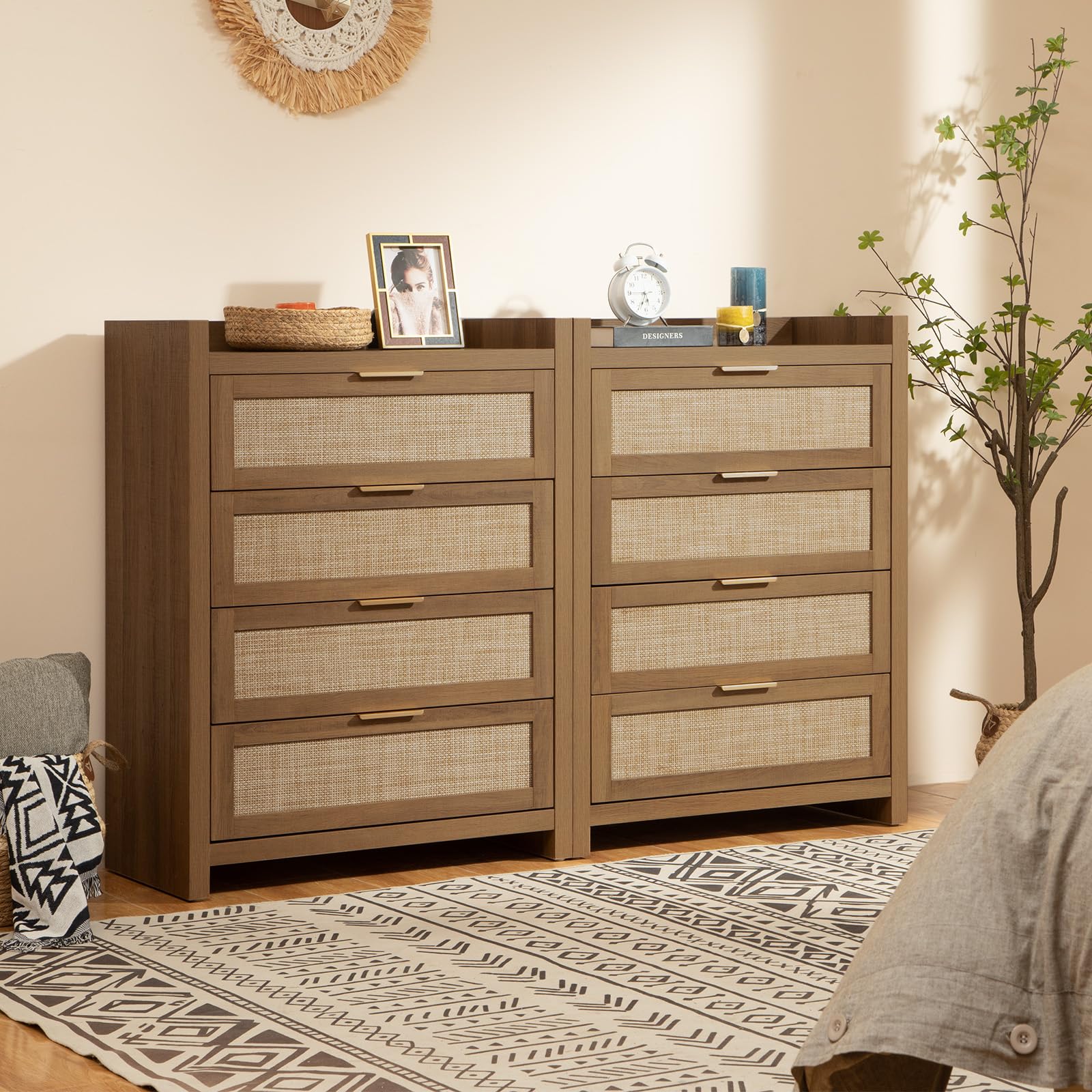 38" Tall Dresser for Bedroom, Boho Chest with 4 Rattan Drawers, Large Clothes Storage Cabinet for Closet, Entryway, Nursery, Living Room