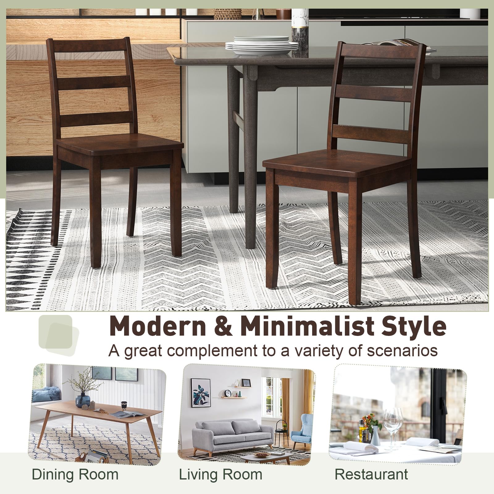 Wood Dining Chairs Set of 4 Walnut- Wooden Armless Kitchen Chairs with Solid Rubber Wood Legs, Non-Slip Foot Pads, Max Load 400 Lbs