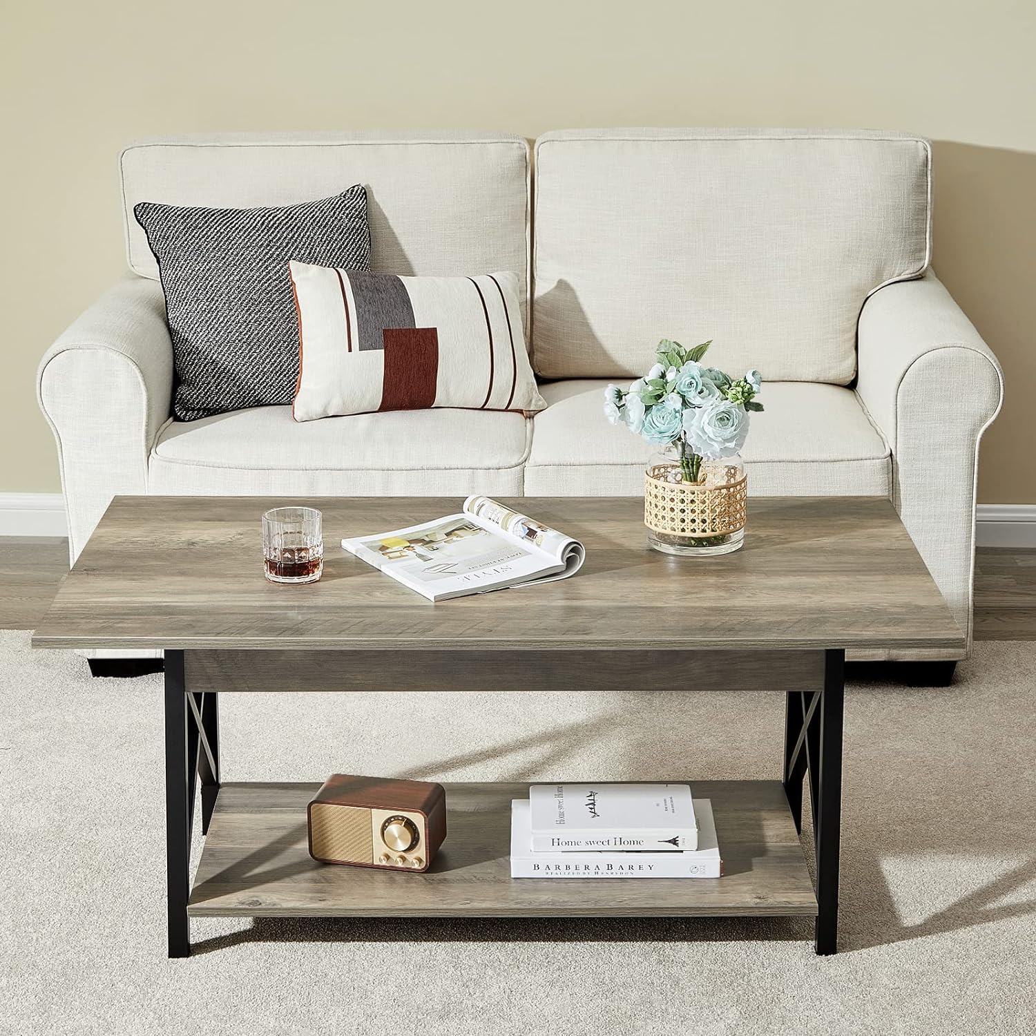 39" Coffee Table with Storage, Modern 2-Tier X-Frame Farmhouse Table for Living Room, Space-Saving, Easy Assembly, Grey Wash