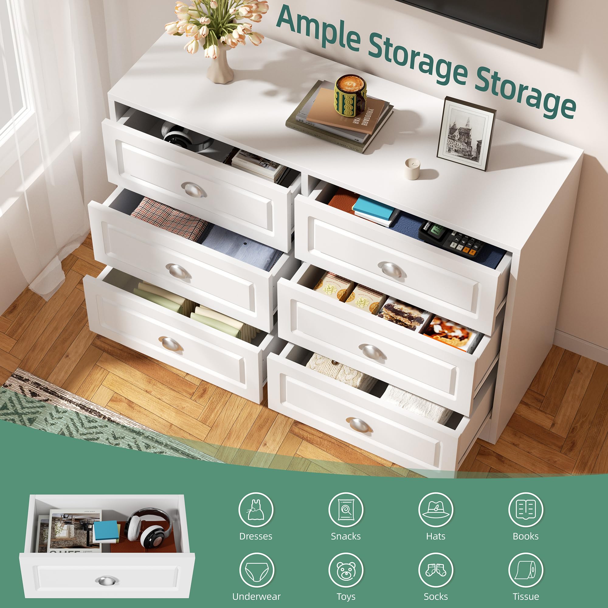 6-Drawer Dresser for Bedroom, Double Chest with Metal Handles, Wooden Storage Organizer TV Stand for Living Room, White