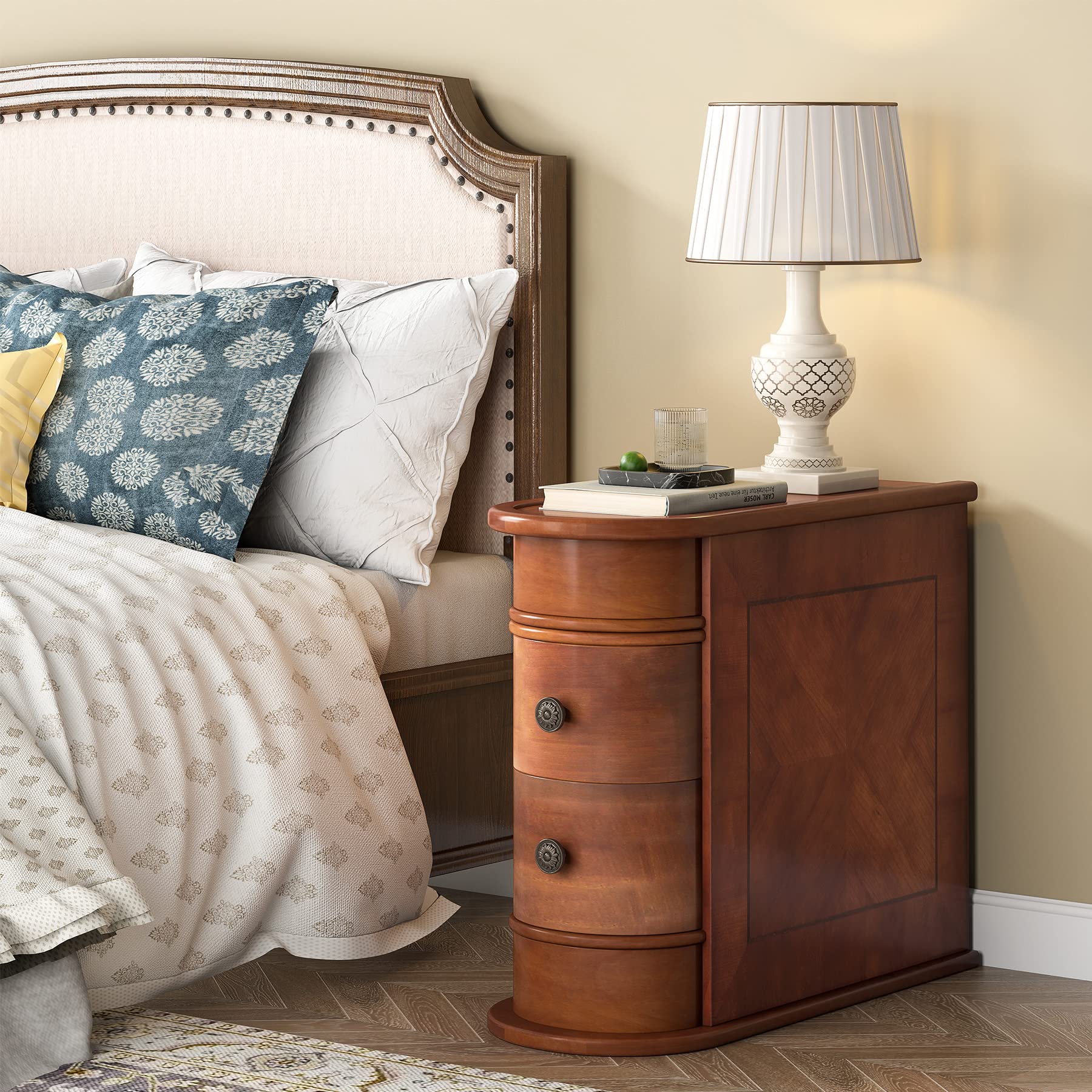 Wood End Table with 2 Drawers Sofa Side Table, No Assembly Required Vintage Slim Nightstand Bedside Table for Bedroom