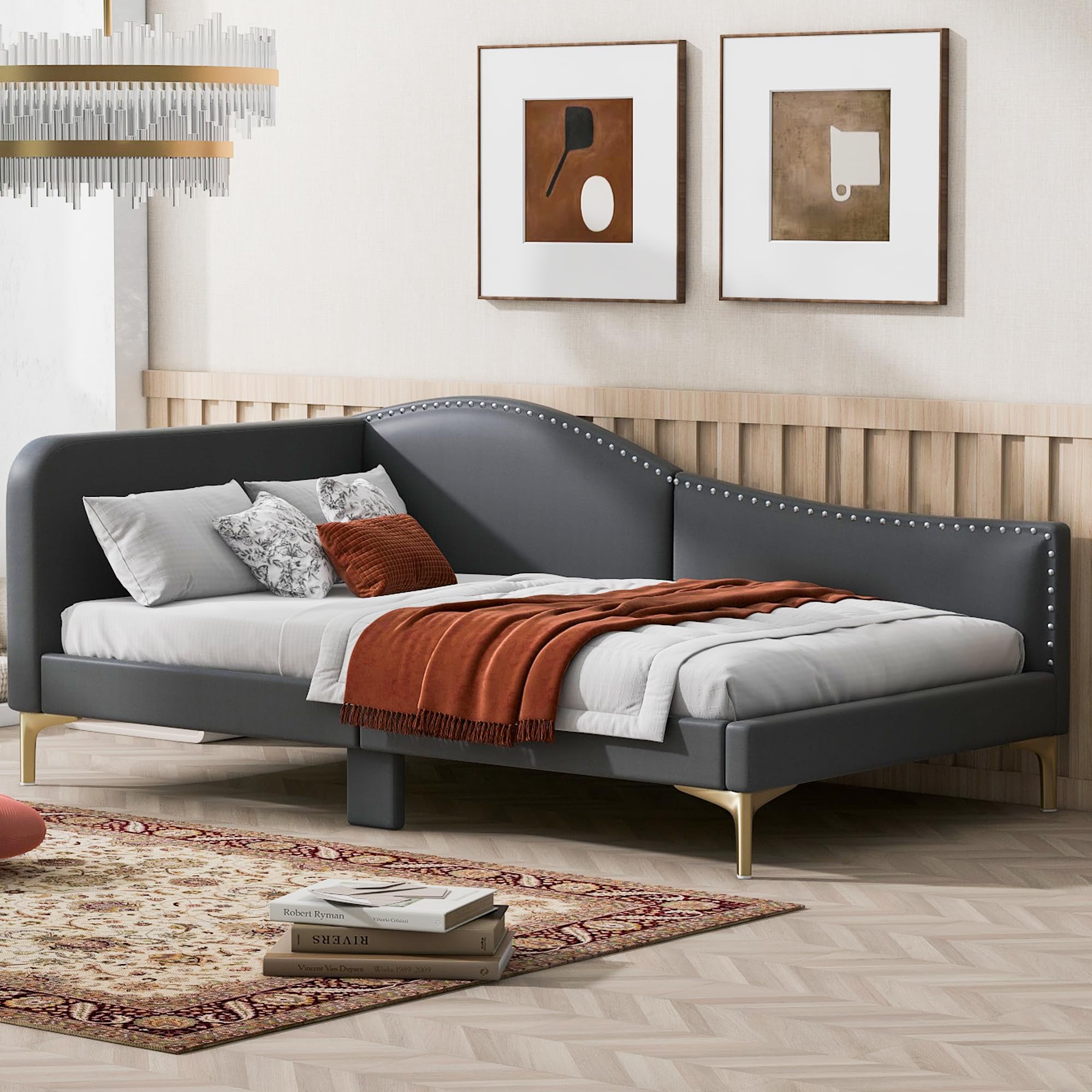 Furni Hub Twin Size Upholstered Daybed with Headboard and Armrest, Grey Bed Frame with Support Legs