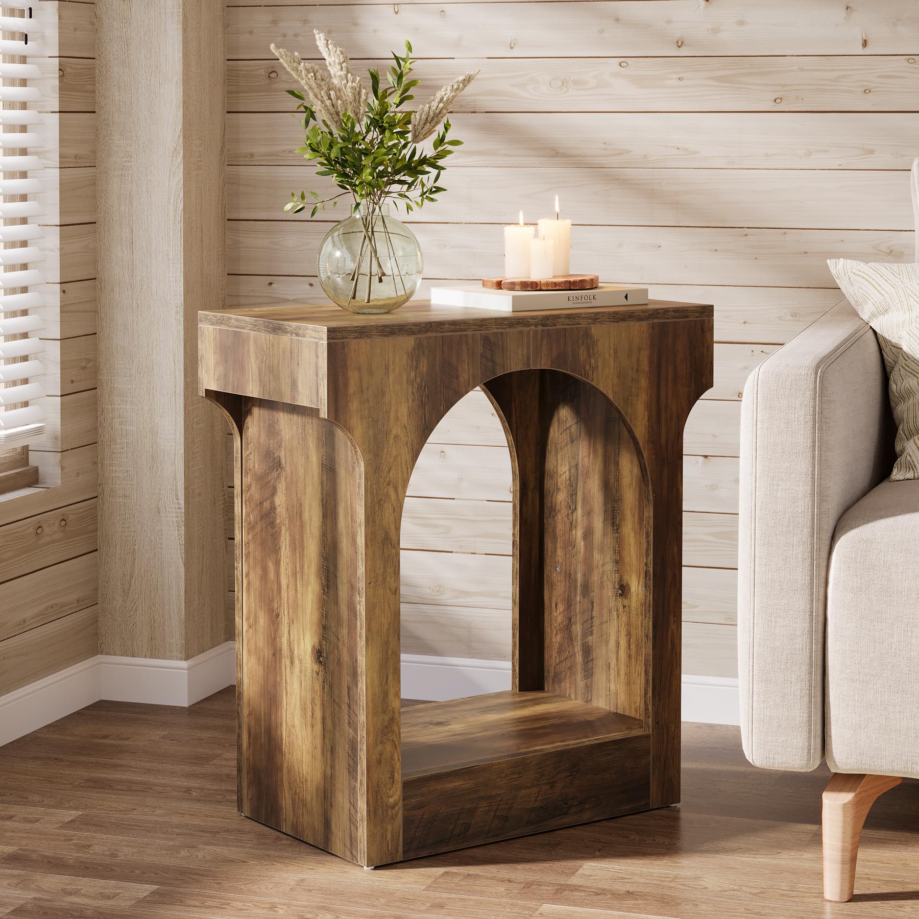 Wood End Table Set of 2, Side Table with Storage Space for Living Room, Narrow Nightstand for Bedroom, Rustic Brown