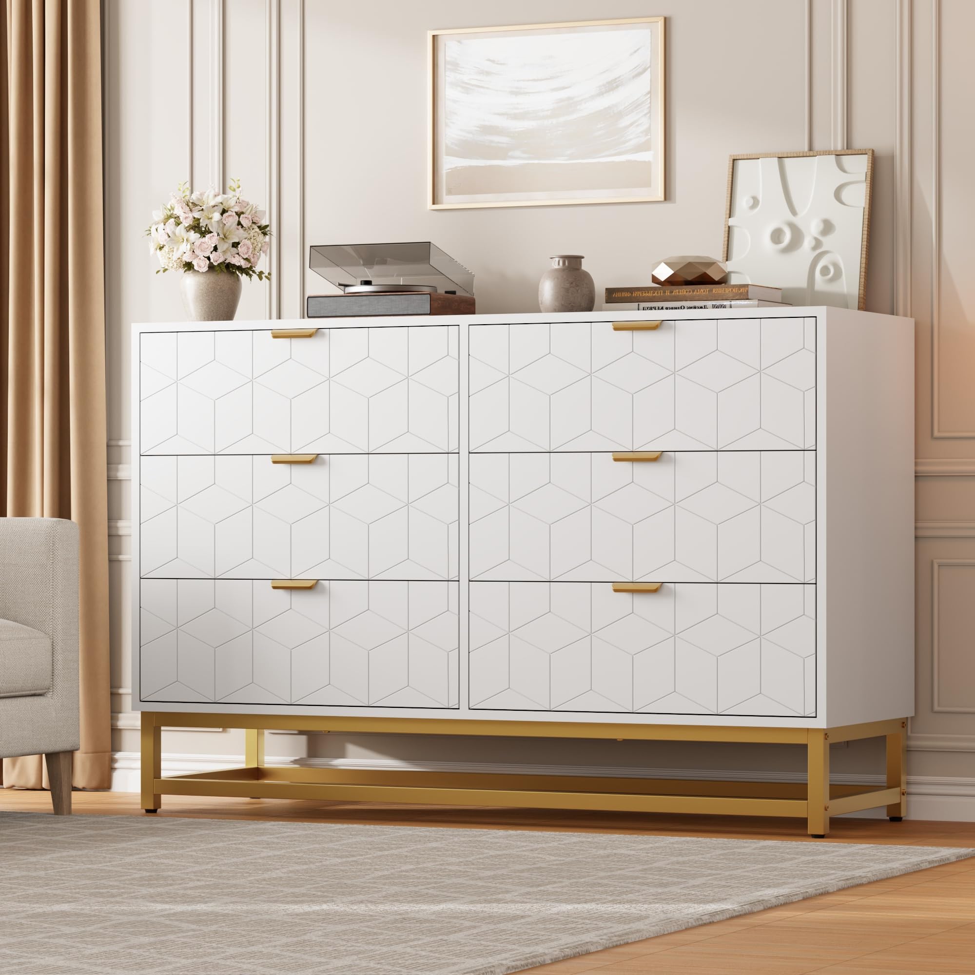 Modern White 6 Drawer Double Dresser with Gold Handles, Long Storage Chest for Bedroom, Closet, TV Stand, Entryway, Living Room