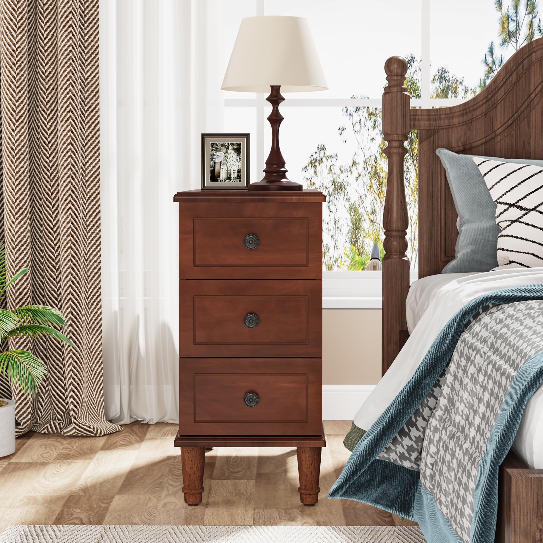 Solid Wood End Table, Fully Assembled Slim Side Table with Drawers, Narrow Nightstand for Small Spaces, Bedroom, Living Room, Brown