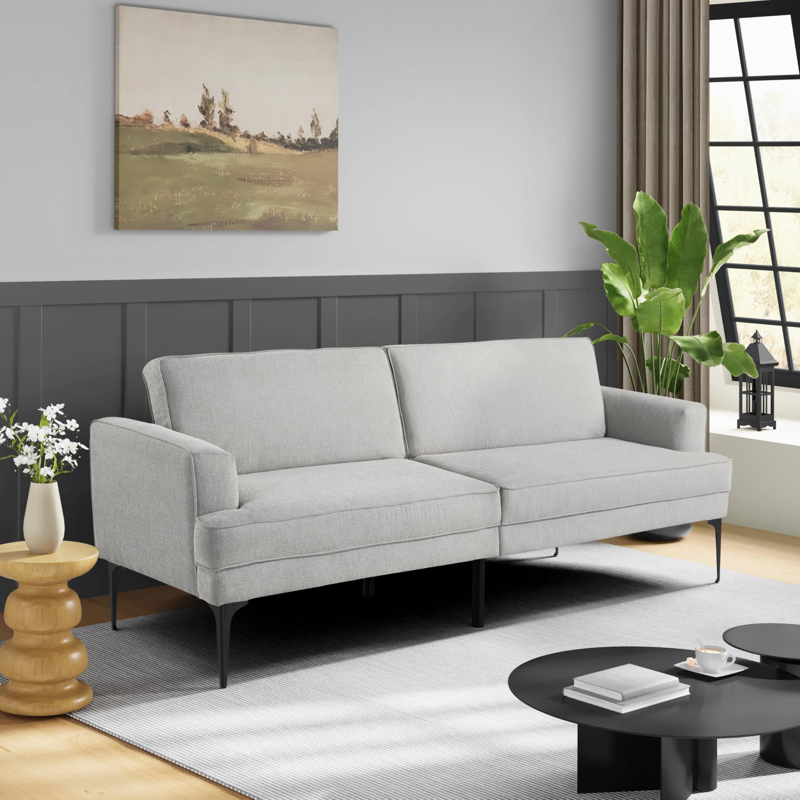 Paulsen 83.1" Split Back Convertible Futon Sofa, Dreamcoil® Comfort, FingerGuard® Pinch Point Protection, Woven Polyester Fabric, Light Gray