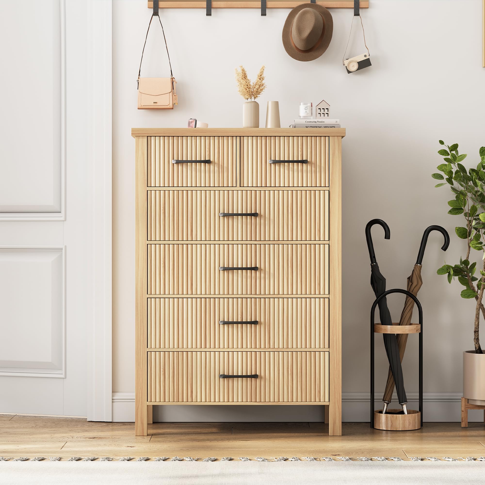 Fluted 6 Drawers Dresser for Bedroom, Tall Boho Chest of Drawers with Metal Handle, Wooden Closet Clothes Storage Organizer for Living Room, Hallway (Natural Oak)
