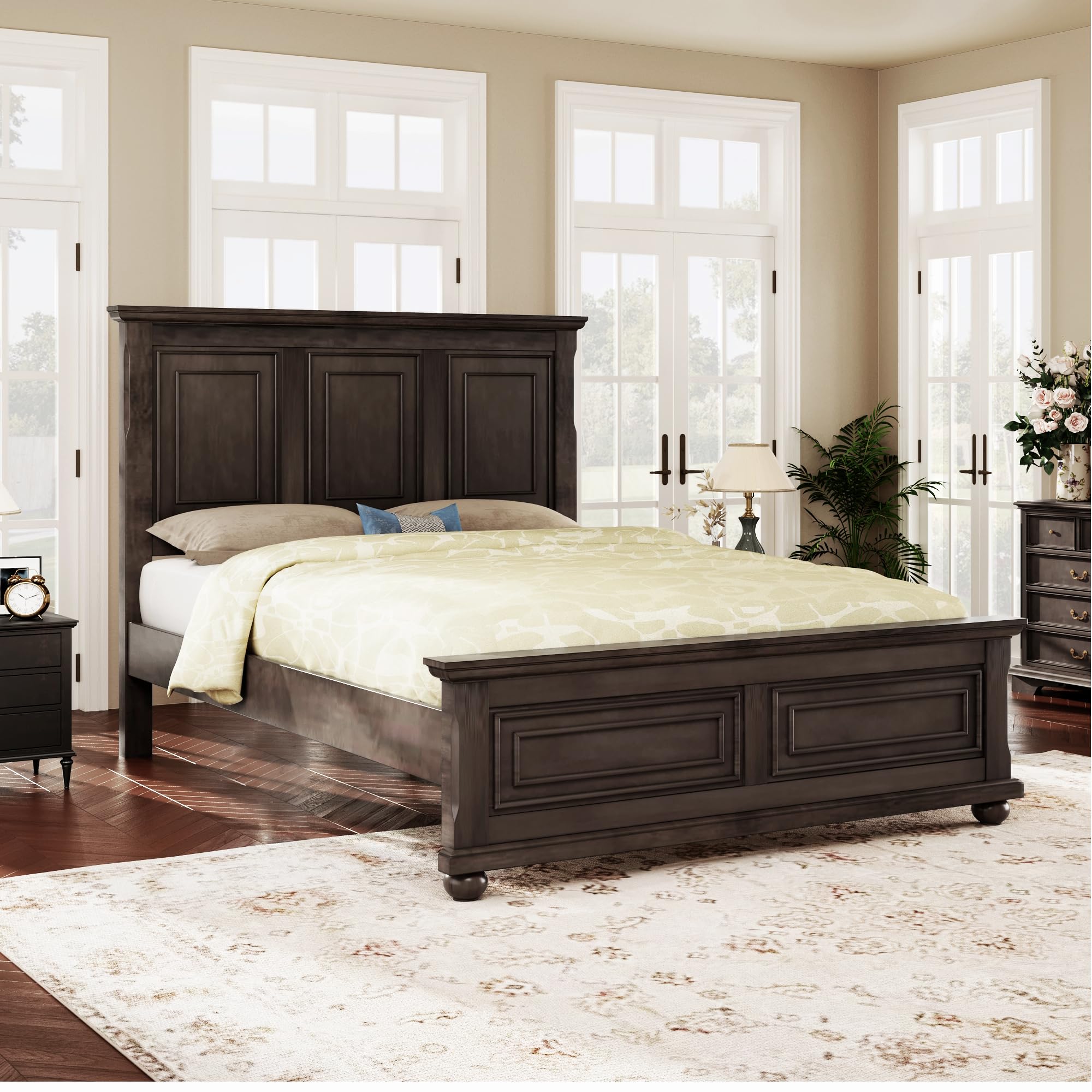 Traditional Town Bed Frames and Country Style Pinewood Vintage King Bed, Rich Brown