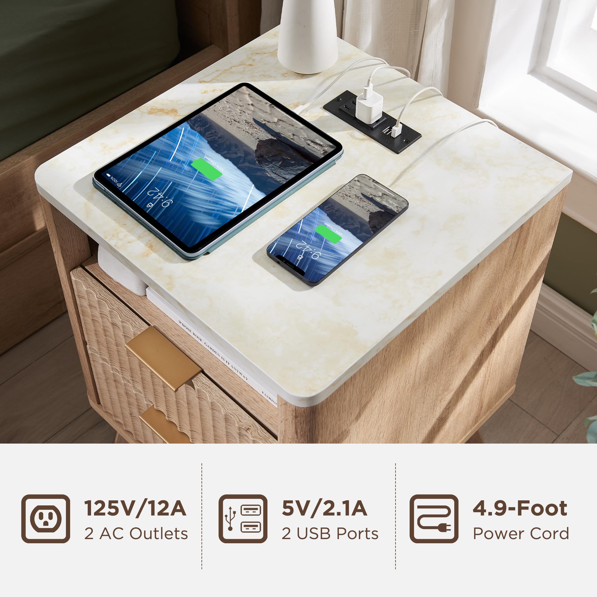 Set of 2 Fluted Nightstands with Charging Station, 18" Side Table with Faux Marble Top, 2-Drawer Bedside Table, Natural Oak Finish