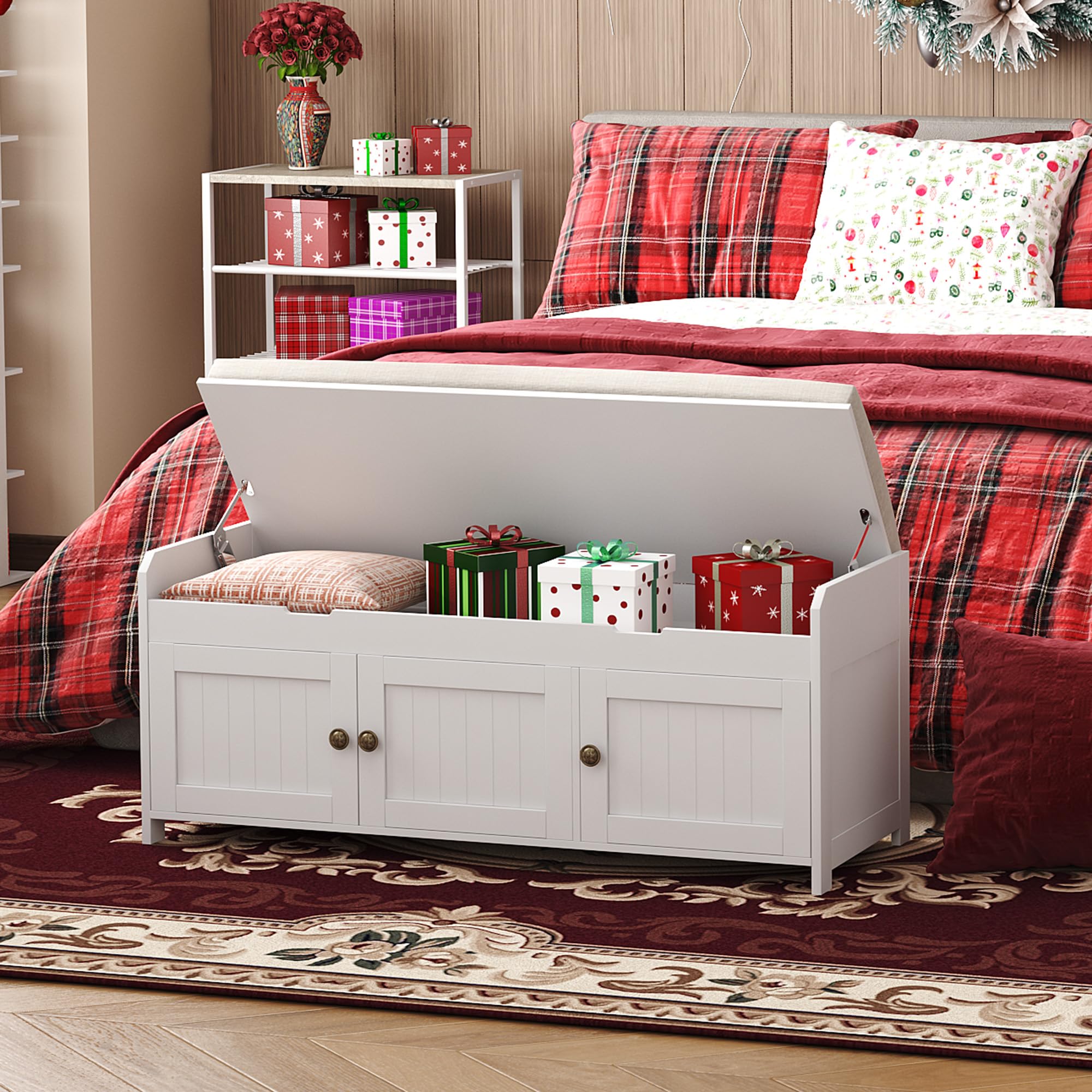 41.3" Shoe Bench with Lift-Top Storage, Cushioned Entryway Bench, Hidden Storage Cabinet for Bedroom, Hallway, End of Bed, White