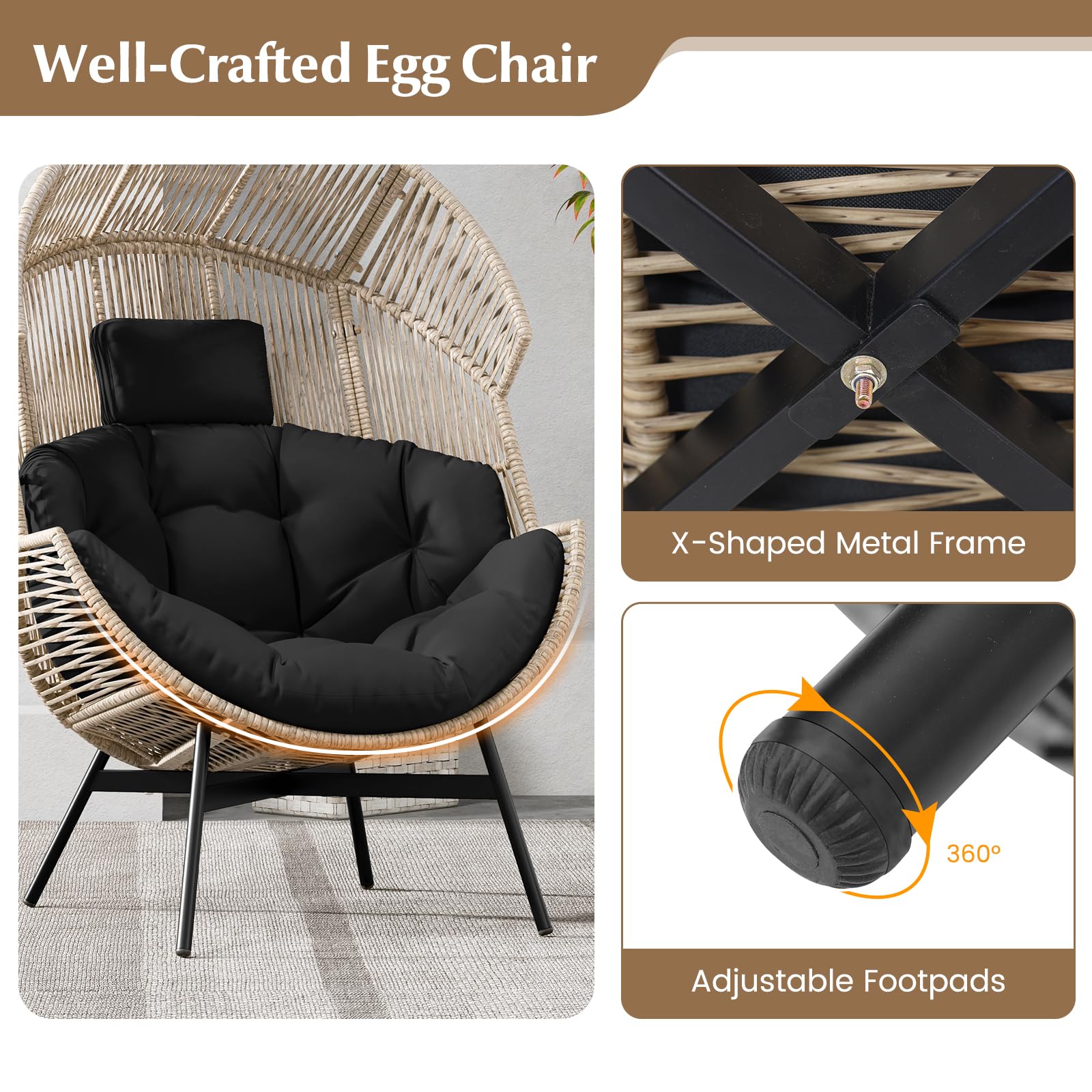 Oversized Wicker Egg Chair with Cushions & Headrest, Stationary Patio Basket Lounge Chair, Heavy-Duty Frame for Porch, Yard, Living Room