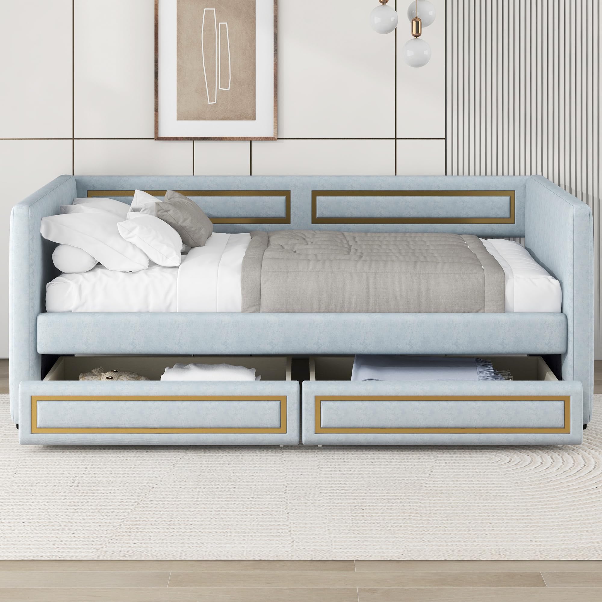 Twin Size Upholstered Daybed with Storage Drawers, Trundle Bed with Metal Border, Backrest & Armrest, Wood Slat Support, Blue