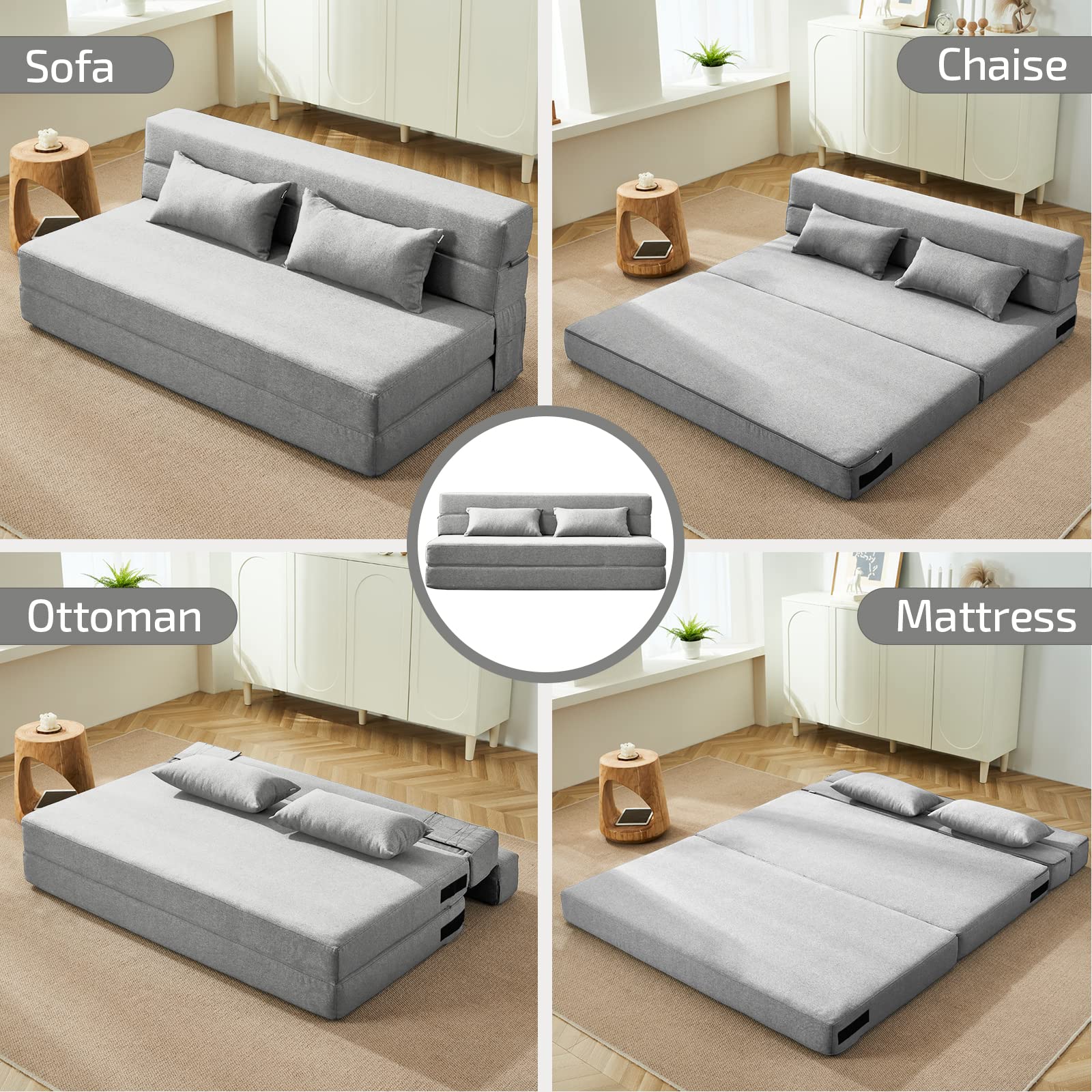 Folding Sofa Bed with Pillows, Convertible Floor Couch & Memory Foam Mattress, Queen Sleeper for Living Room, Dorm, Guest Room, Light Gray