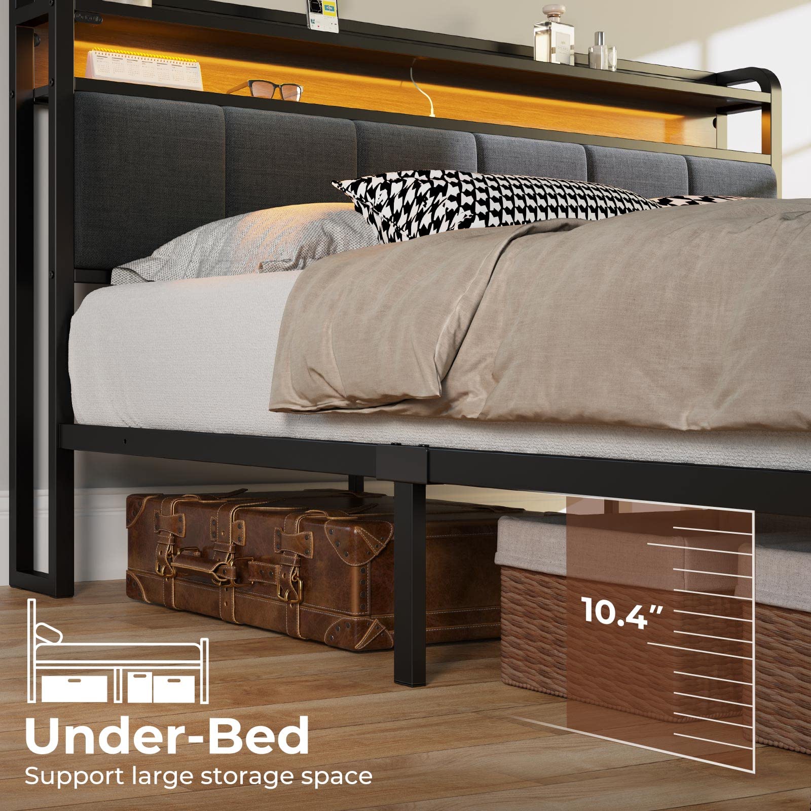 Full Size Bed Frame with LED Lights & Charging Station, Upholstered Headboard with Storage, Metal Slats, Dark Grey, No Box Spring