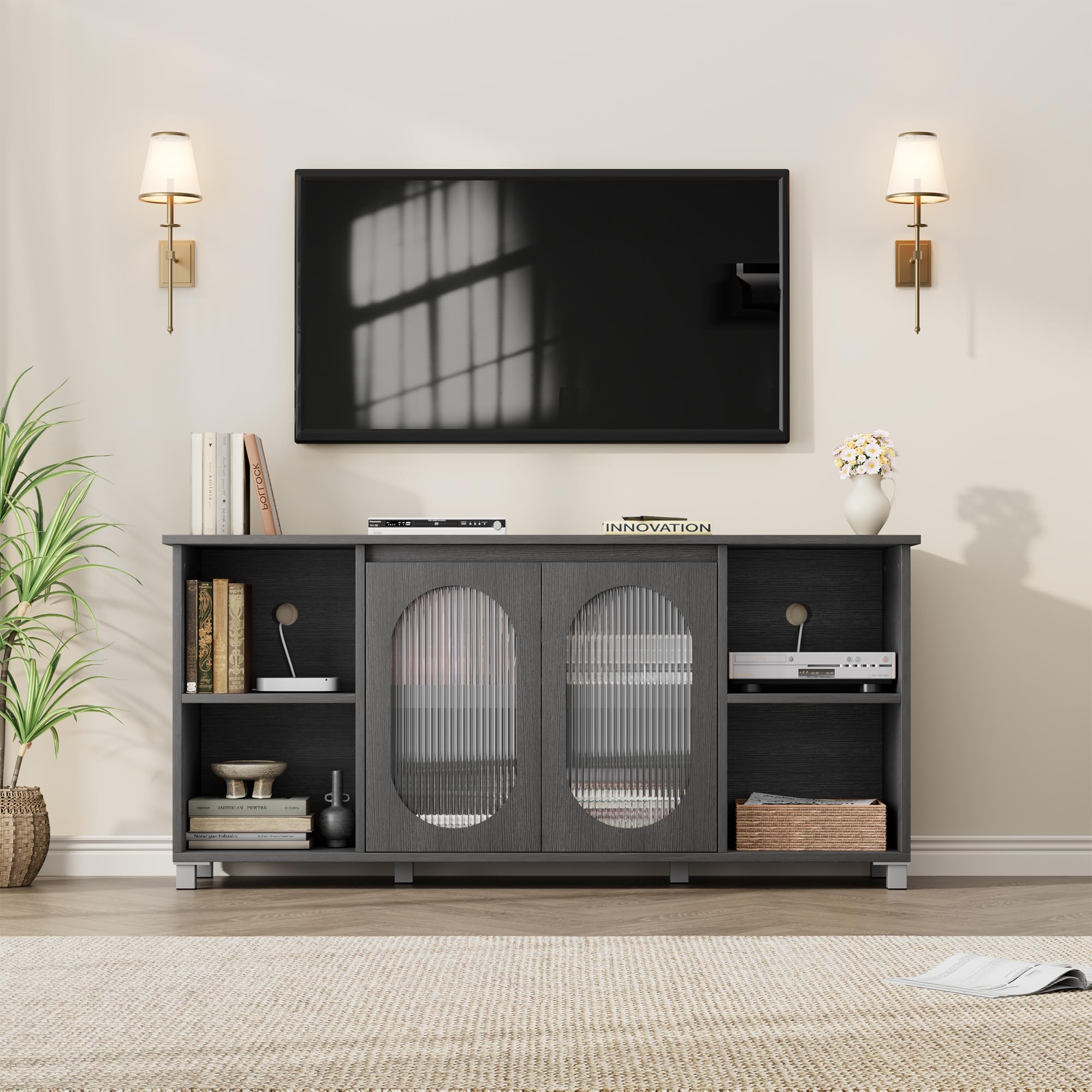 70-Inch TV Stand, Rustic Entertainment Center with Corrugated Glass Cabinet Doors, Media Console with Open Shelves for Living Room, Black