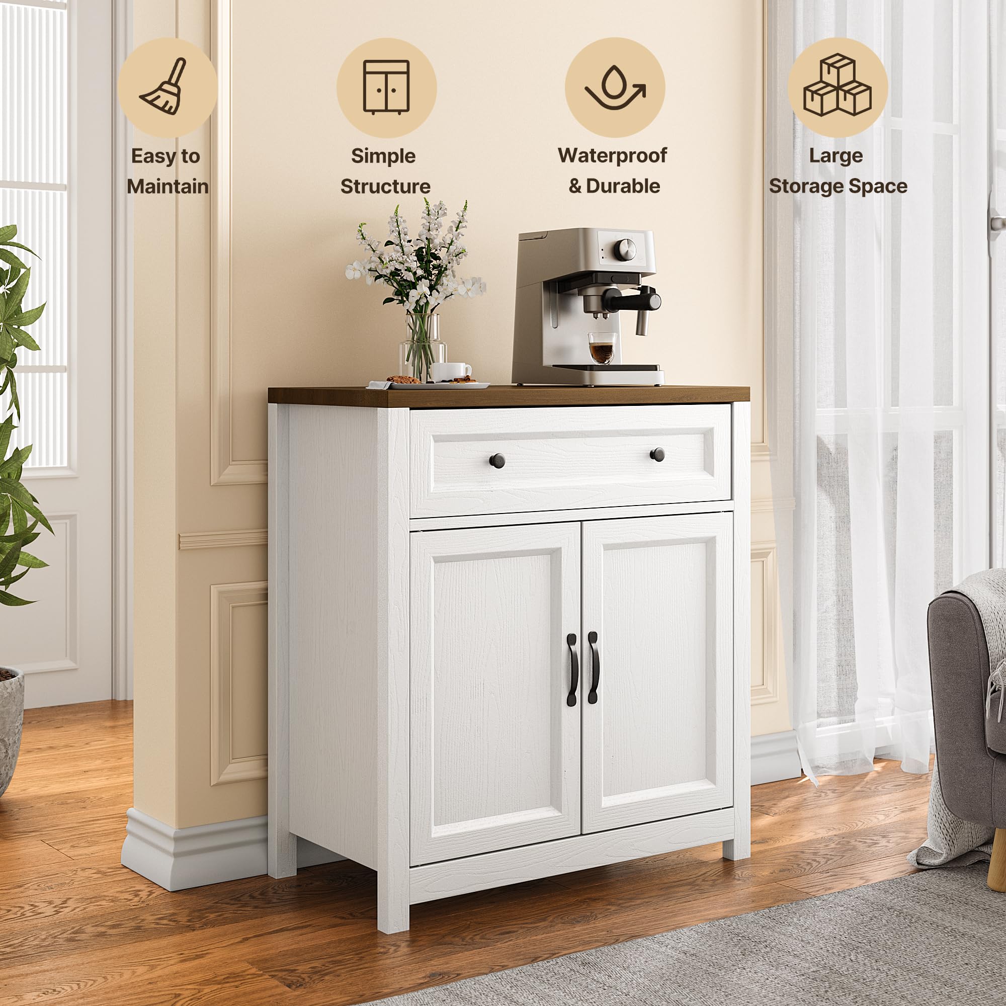 Kitchen Storage Cabinet with Adjustable Shelf, Farmhouse Coffee Bar Sideboard Buffet with Large Drawer, Barn Door, 30"W x 15.6"D x 33.3"H