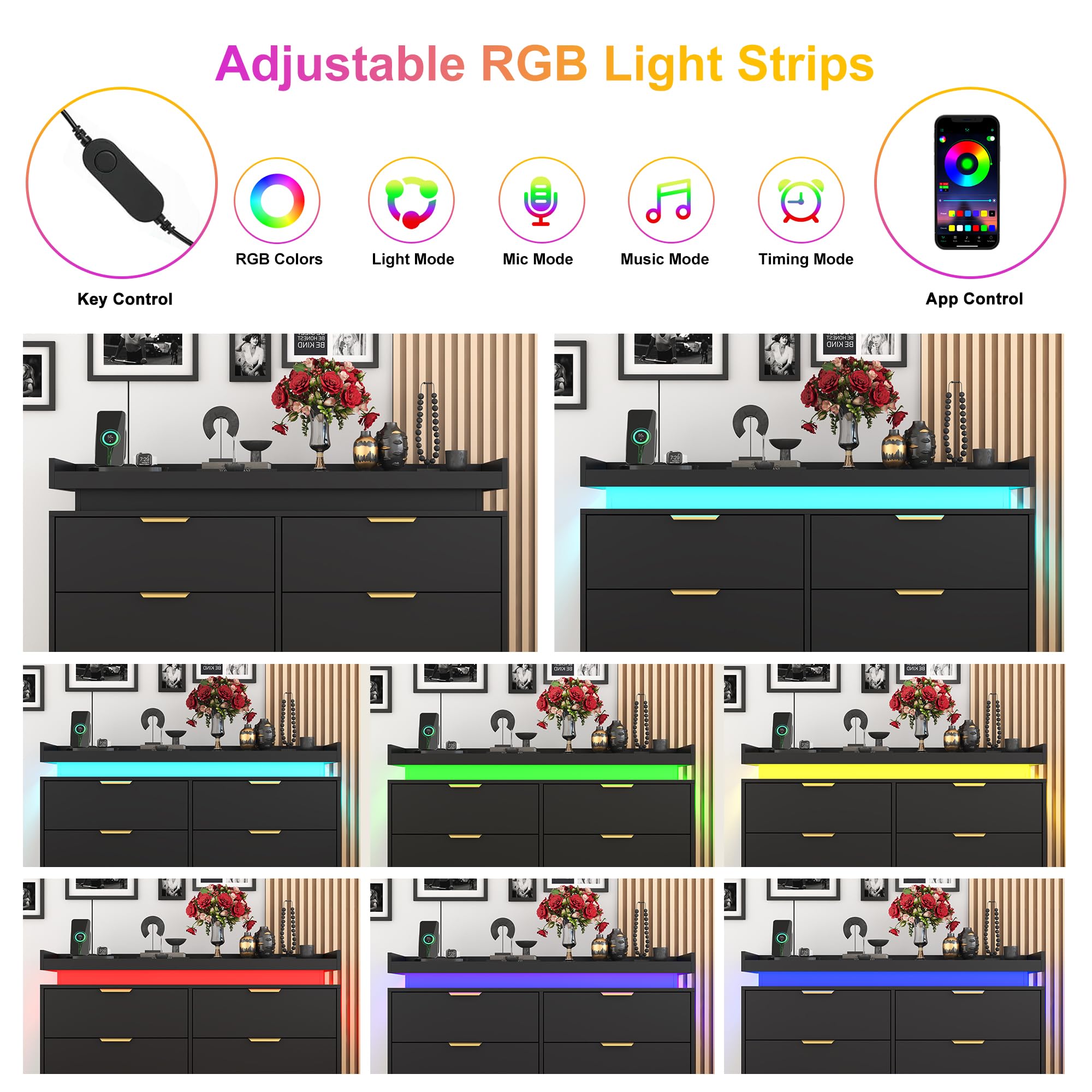 6-Drawer Black Dresser with LED Lights & Power Outlet, Modern Chest of Drawers for Bedroom, Closet, Living Room, Entryway, Hallway