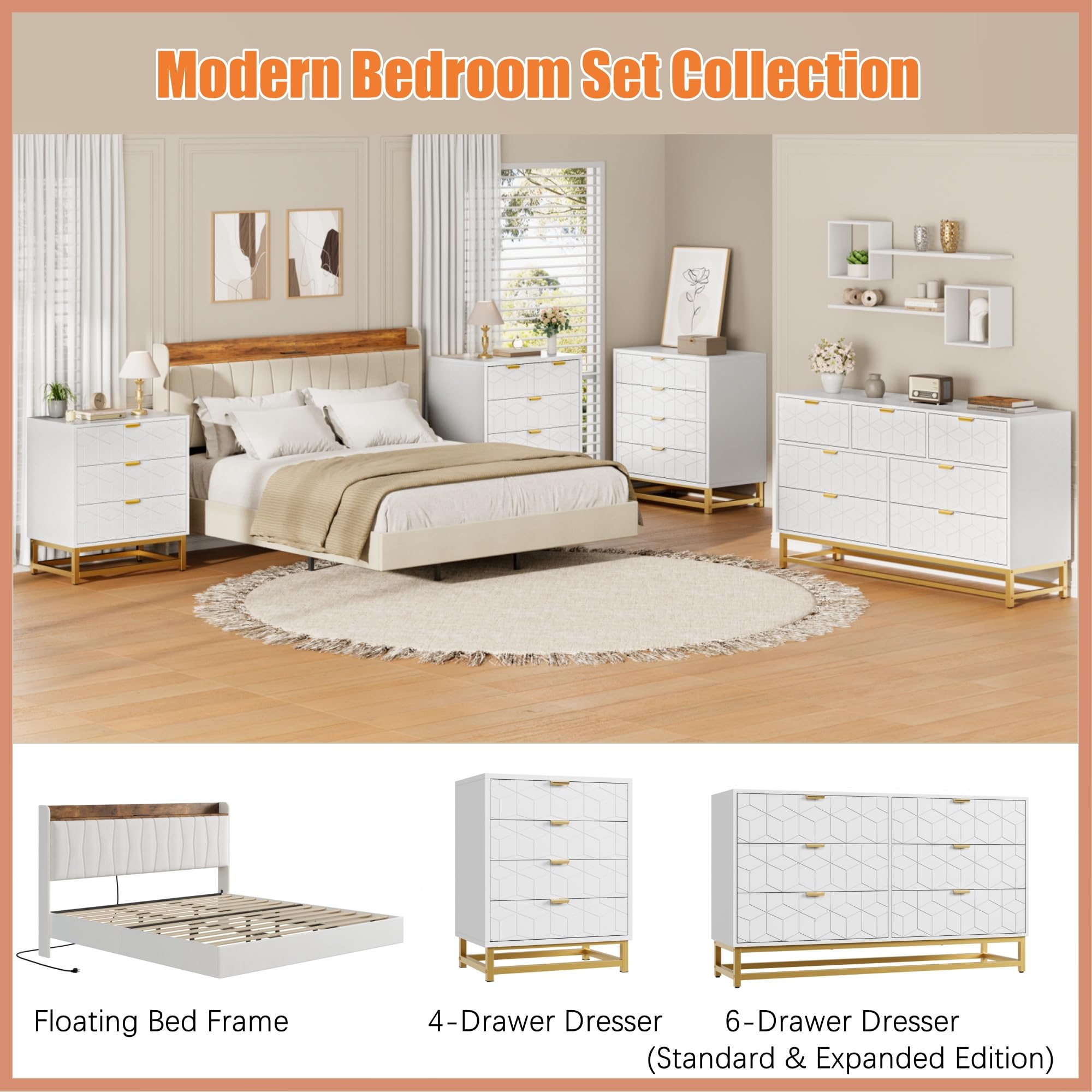 Modern White 6 Drawer Double Dresser with Gold Handles, Long Storage Chest for Bedroom, Closet, TV Stand, Entryway, Living Room