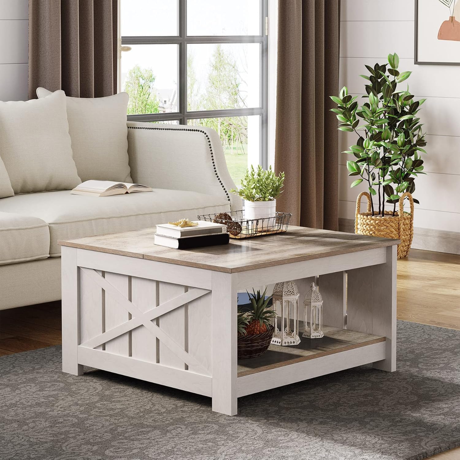 Farmhouse Coffee Table with Storage – Rustic Grey Wood Square Cocktail Table for Living Room, Half Open Compartment Design