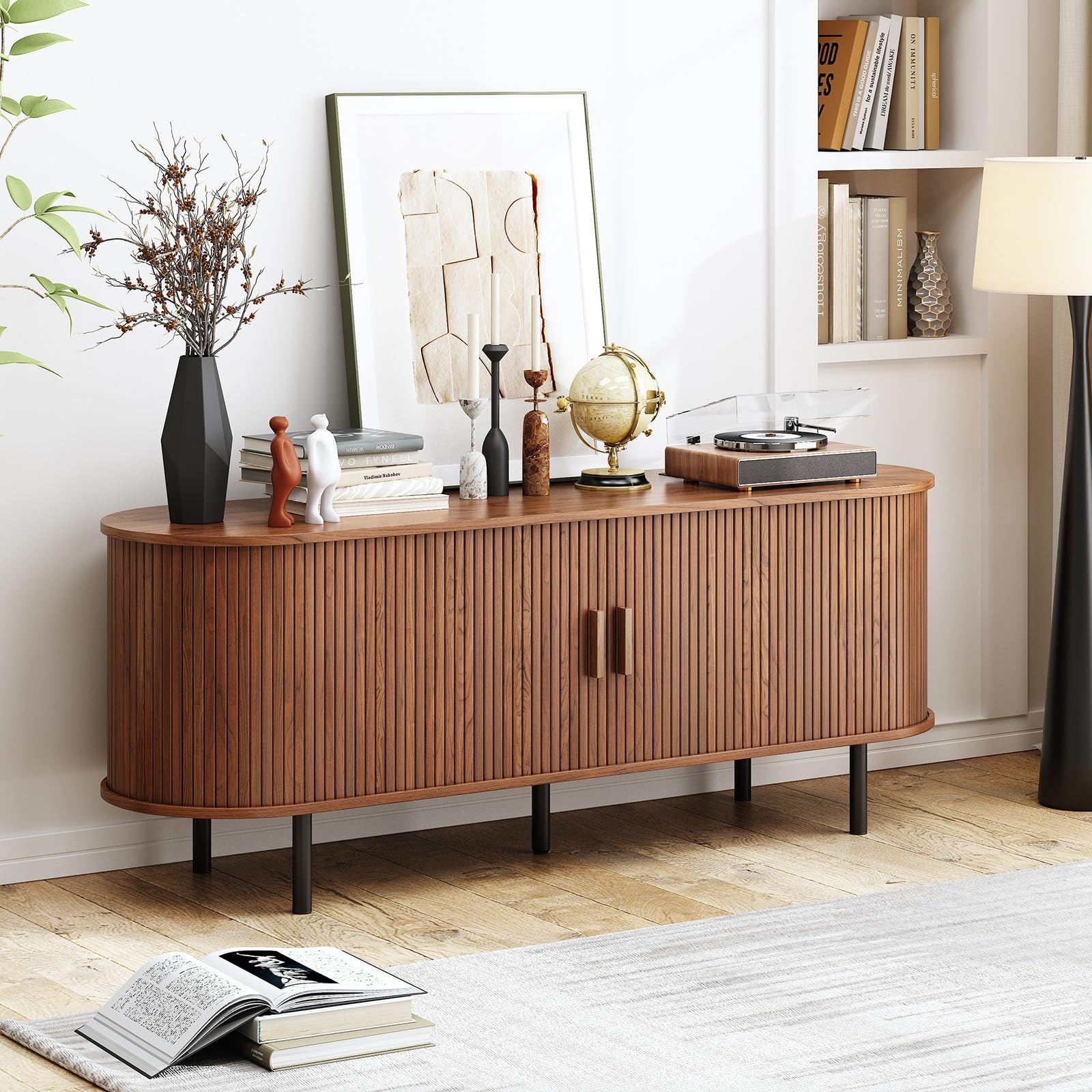 Mid-Century Modern TV Stand with Power Outlet, Media Console with Sliding Doors & Adjustable Shelves, Entertainment Center for TVs up to 60", Walnut