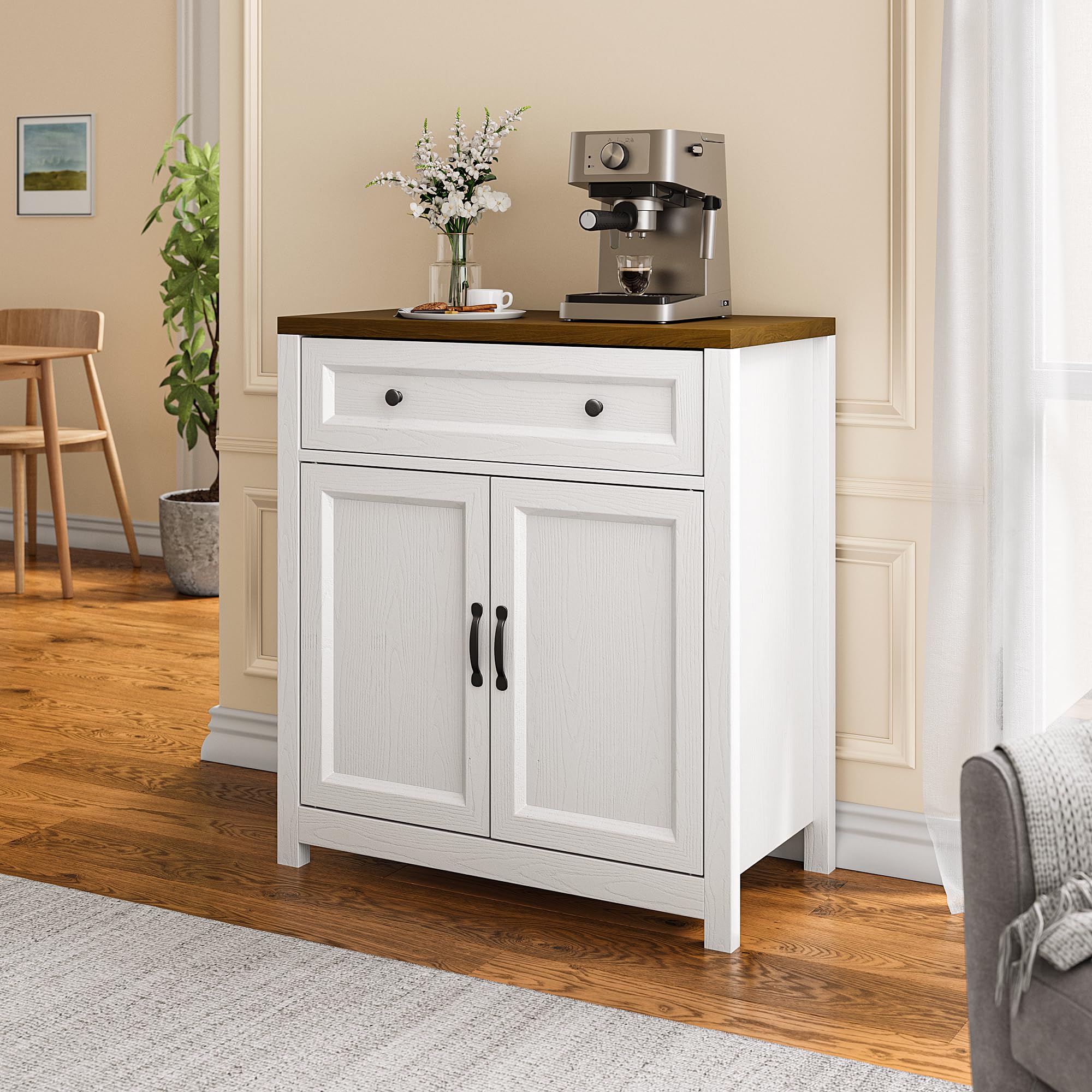 Kitchen Storage Cabinet with Adjustable Shelf, Farmhouse Coffee Bar Sideboard Buffet with Large Drawer, Barn Door, 30"W x 15.6"D x 33.3"H