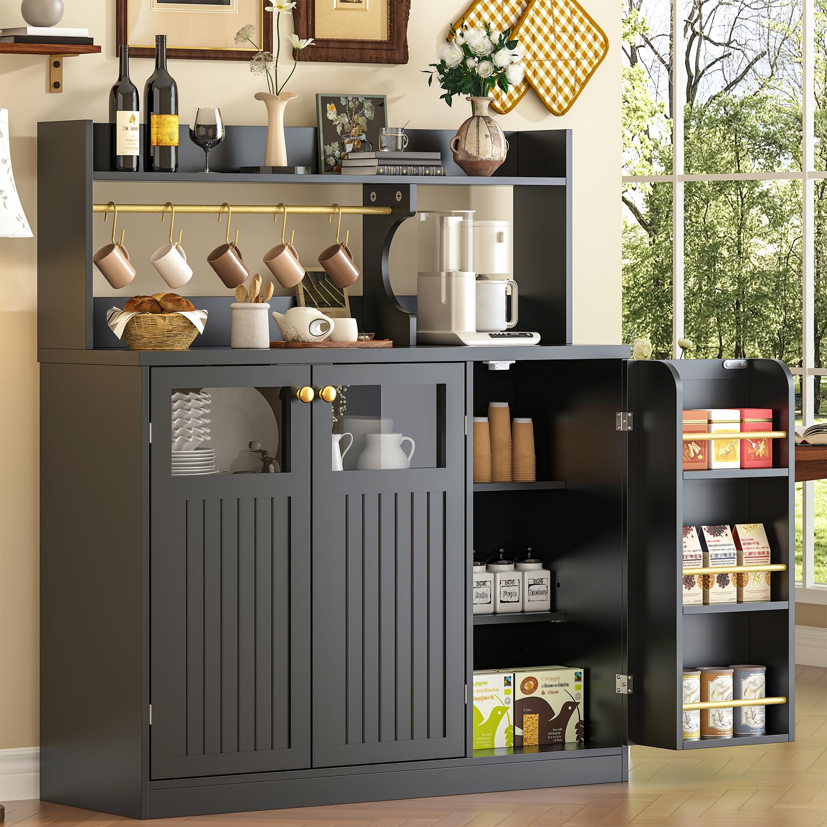 48'' Tall Buffet Sideboard Cabinet with 3 Doors and 5-Tier Shelf, Buffet Table Coffee Bar Wine Bar Storage Cabinet with Hooks for Dining