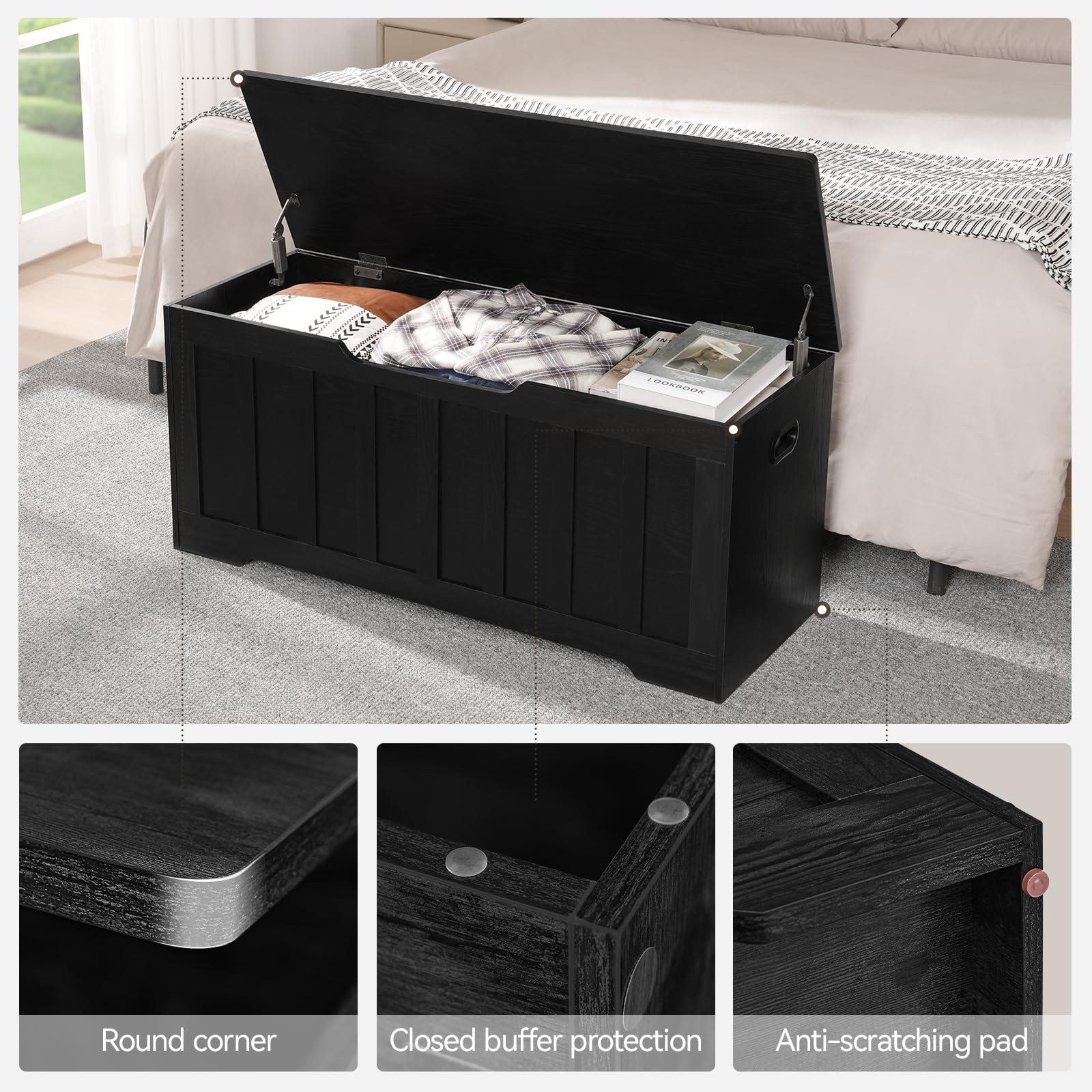 43.3" Extra Large Storage Chest Bench, Wooden Trunk with 2 Safety Hinges, Shoe Bench for Bedroom, Entryway, Living Room, Easy Assembly, Black
