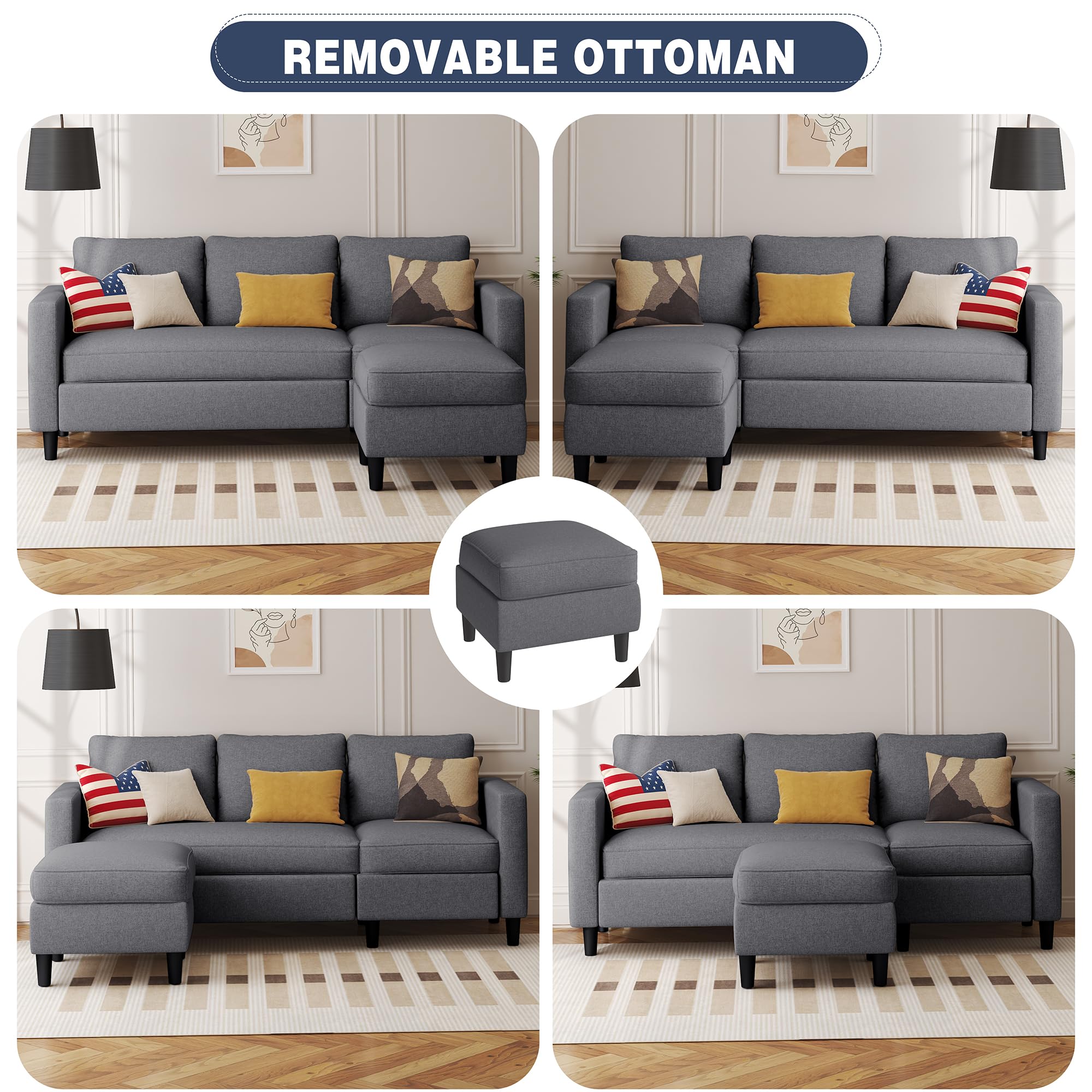Small Sectional Couch, 3-Seat L-Shaped Sofa with Ottoman, Convertible Fabric Upholstered Sofa for Apartment, Living Room, Office, Dark Grey