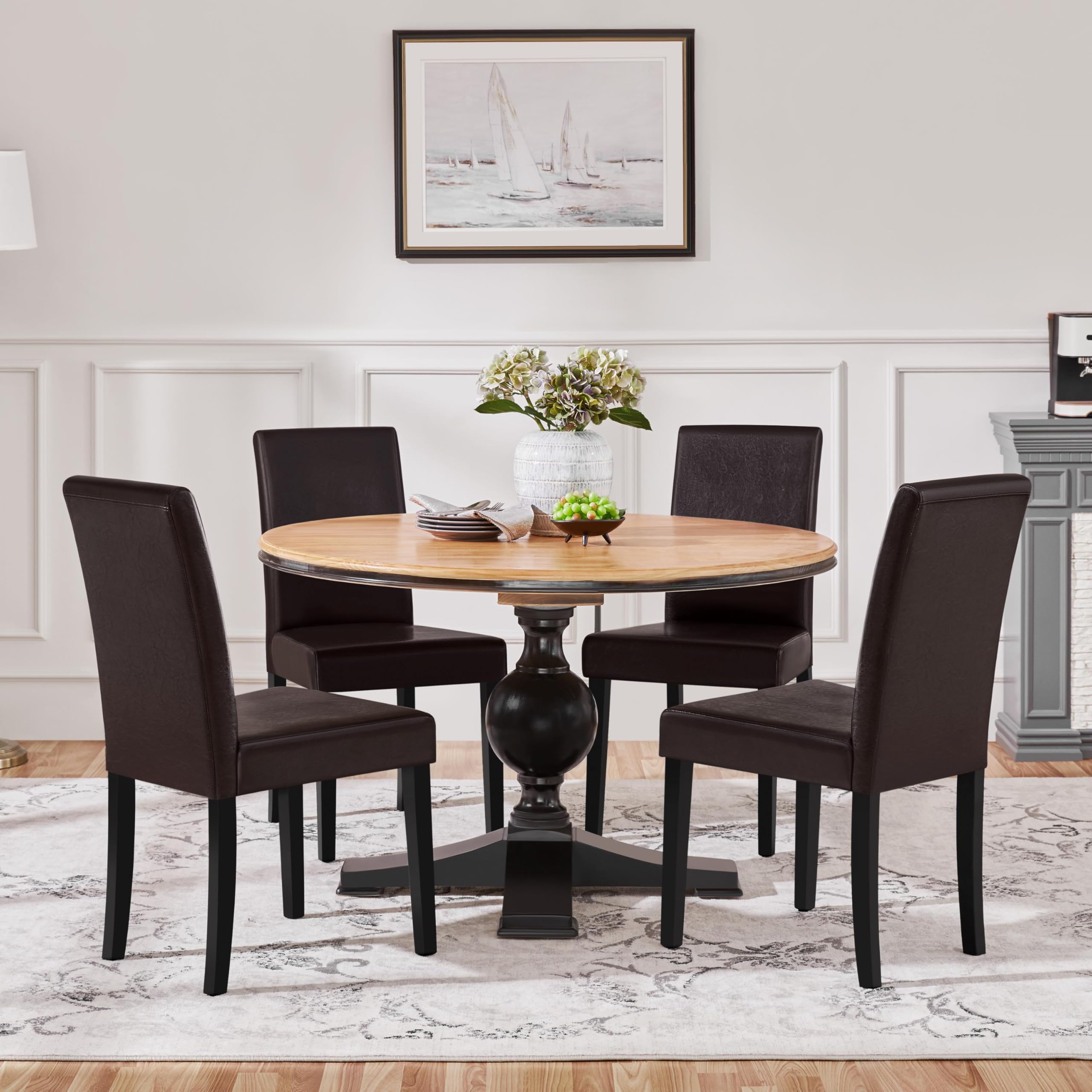 Dining Chairs Set of 4 PU Leather Dining Room Chairs with Waterproof Surface and Wood Legs for Kitchen Restaurant and Living Room, Dark Brown