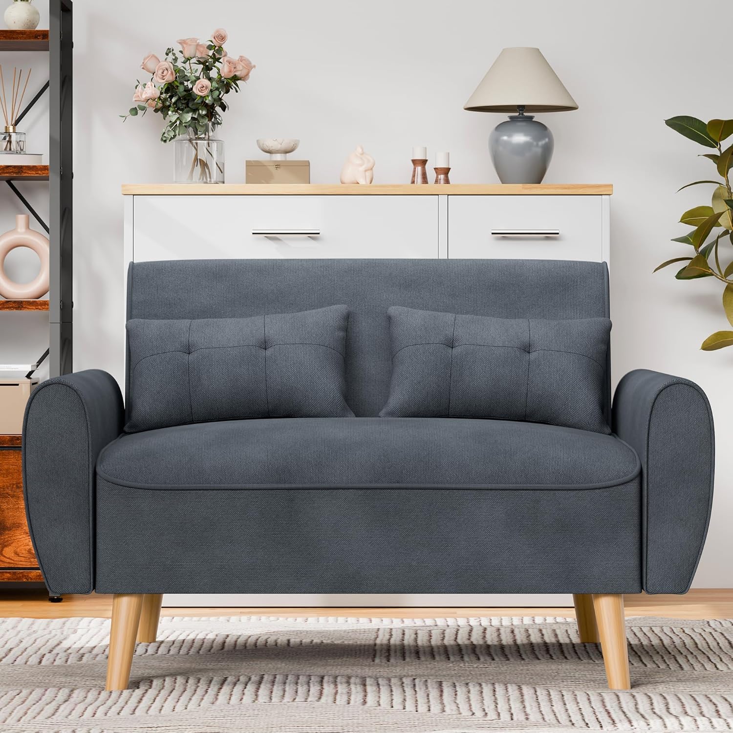 47" Modern Linen Loveseat Sofa with 2 Pillows, Dark Grey, Compact & Comfortable for Apartments, Studios & Small Spaces