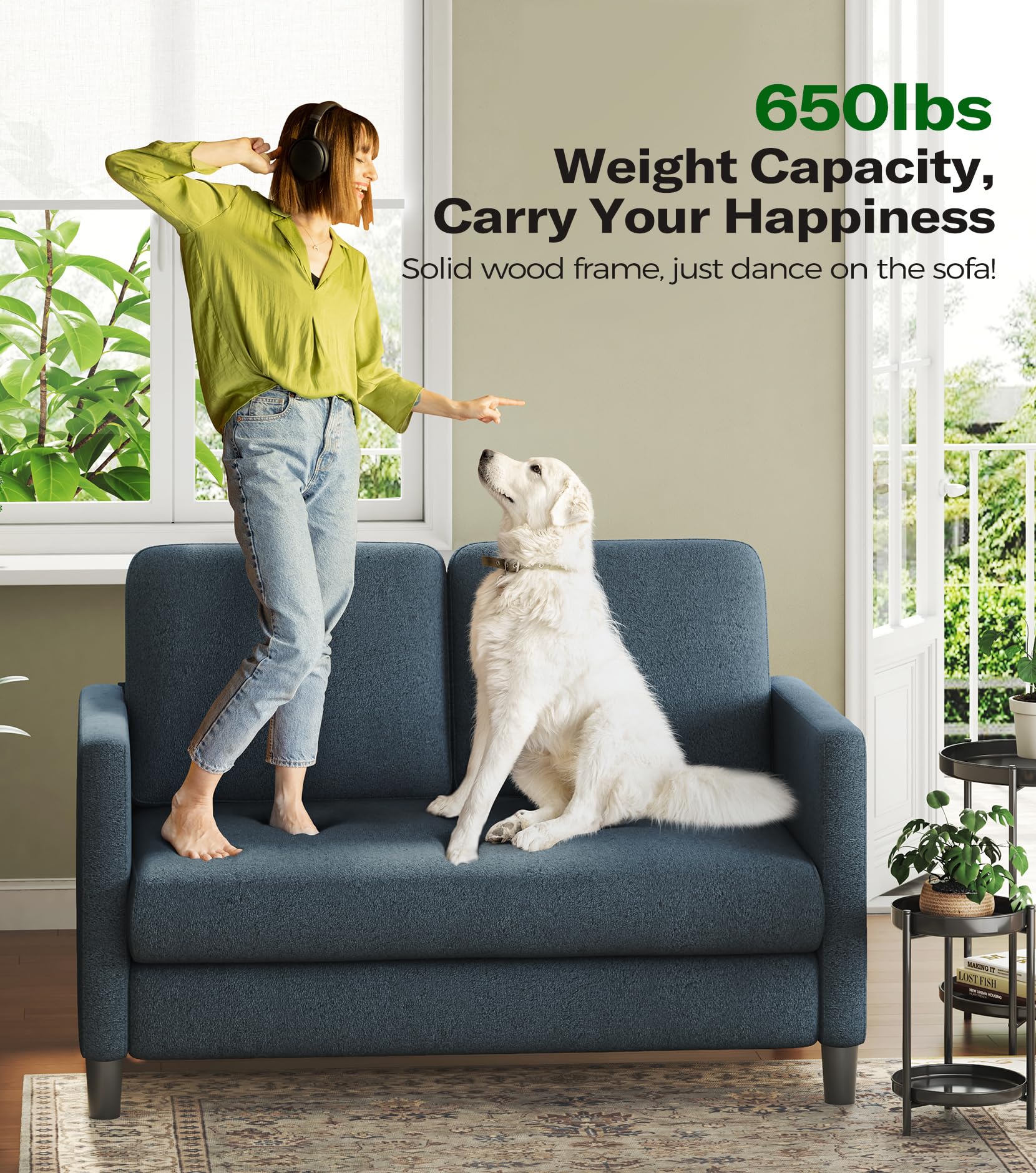 51" Loveseat Sofa, Comfy Teddy Fabric Small Couch for Bedroom & Living Room, Tool-Free Setup, All-Wood Frame, Blue Grey, No Pillow