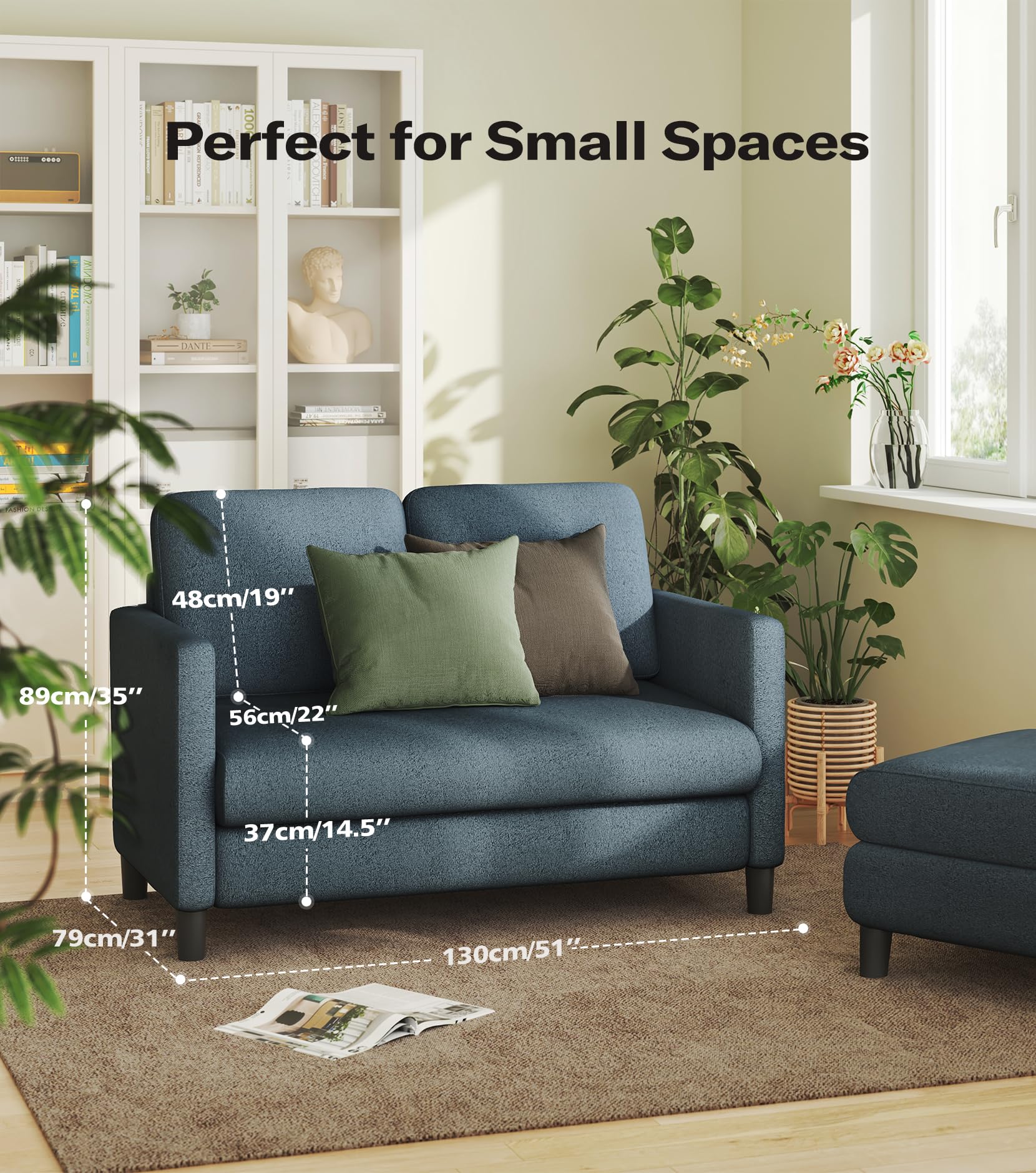 51" Loveseat Sofa, Comfy Teddy Fabric Small Couch for Bedroom & Living Room, Tool-Free Setup, All-Wood Frame, Blue Grey, No Pillow