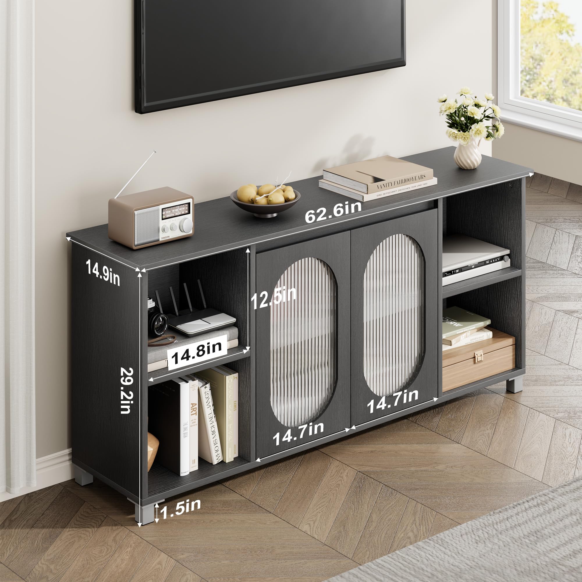 70-Inch TV Stand, Rustic Entertainment Center with Corrugated Glass Cabinet Doors, Media Console with Open Shelves for Living Room, Black