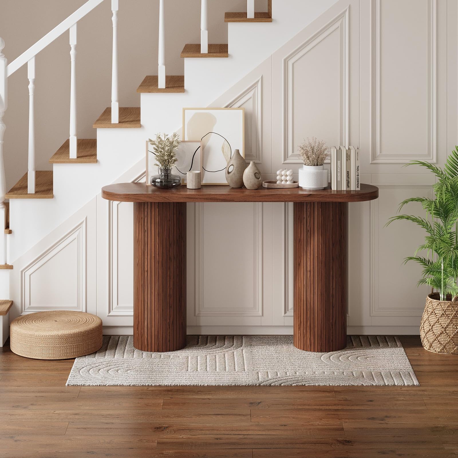 55 Inch Fluted Entryway Table, Wood Console Table, Couch Tables Behind Sofa, Farmhouse Style, Modern Sofa Stand for Entrance Hallway Living Room Foyer (Walnut)