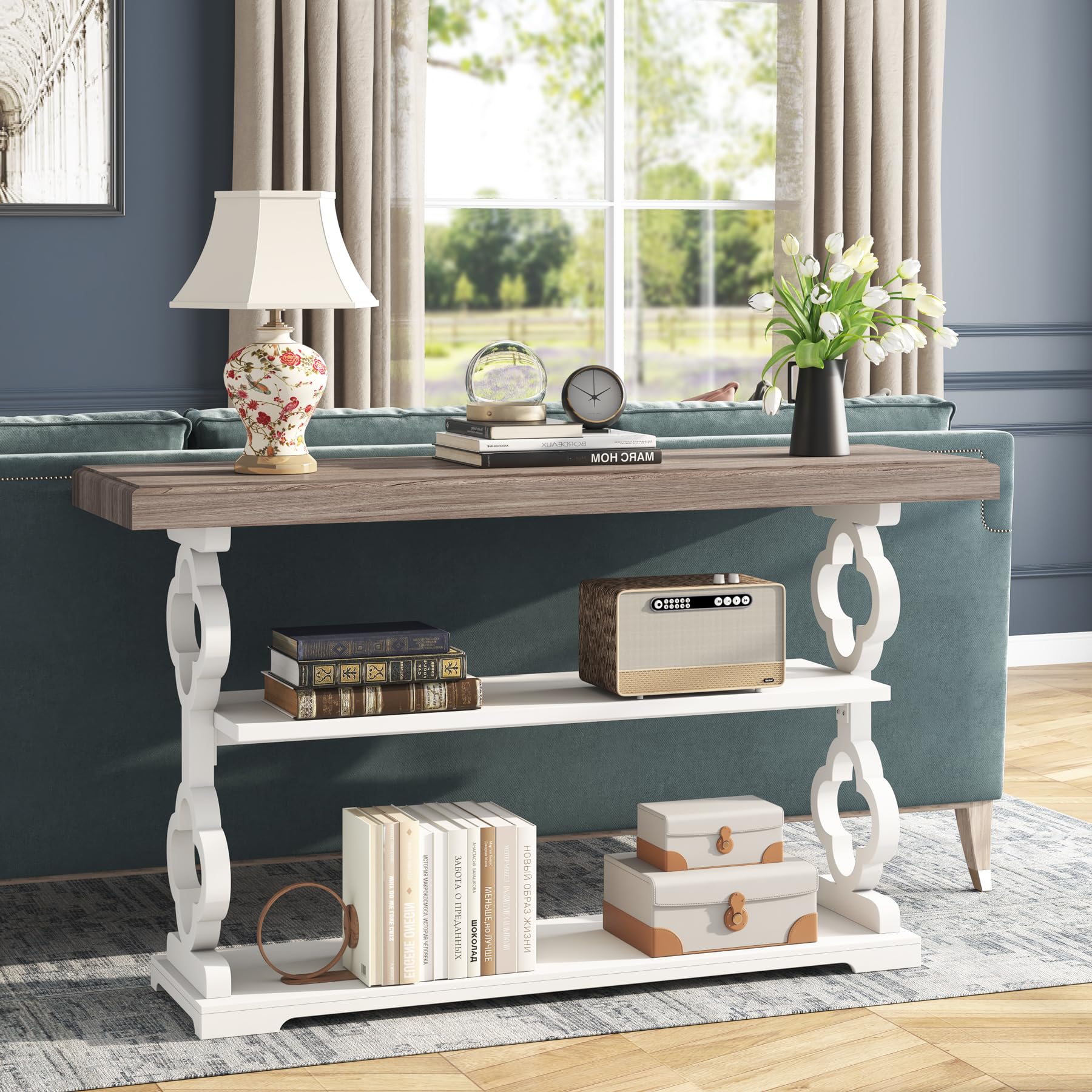 55" Farmhouse Console Table, 3-Tier Wood Sofa Table with Storage Shelves for Entryway, Hallway, Living Room, Grey & White