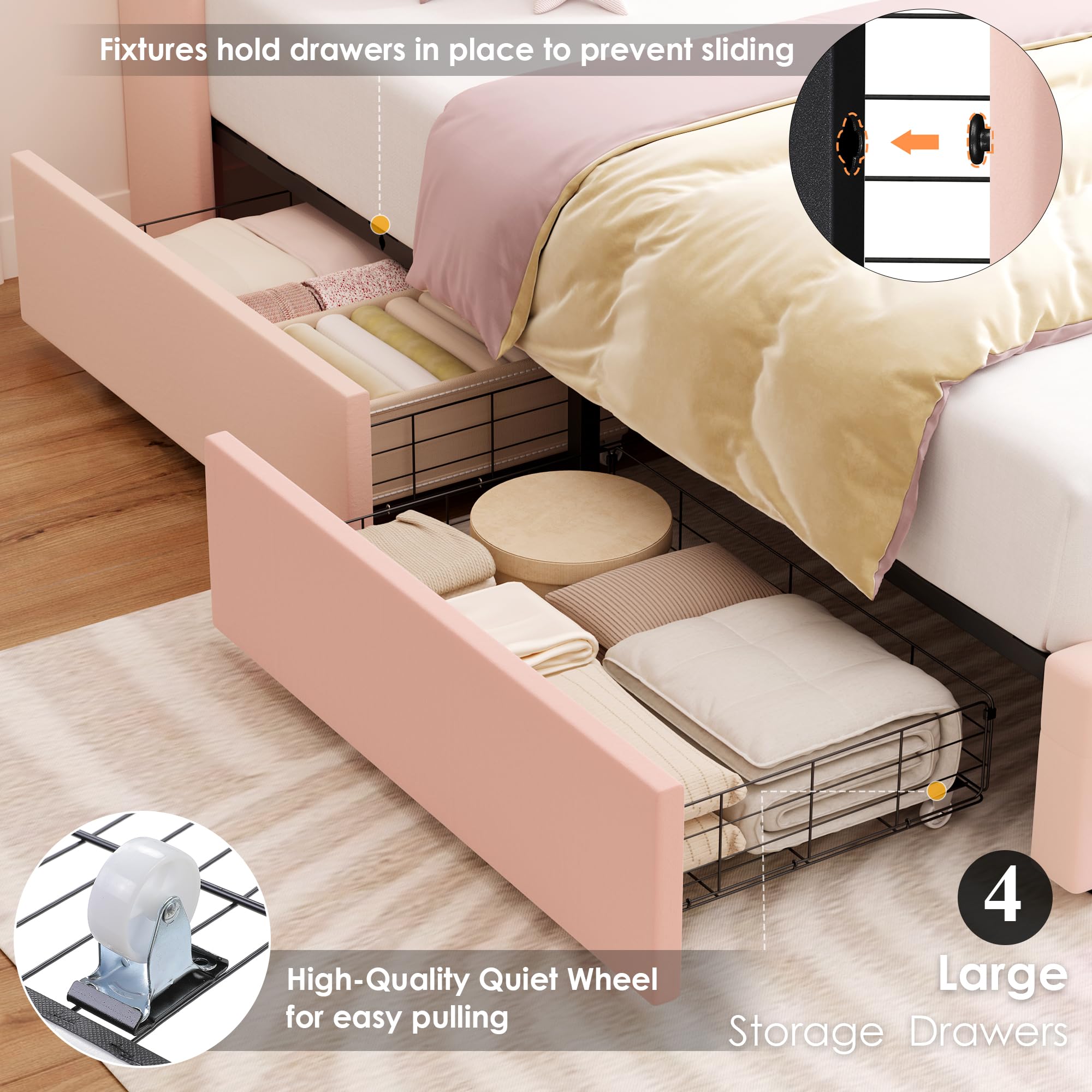 Upholstered Twin LED Bed Frame with Charging Headboard & 4 Drawers, Velvet Tufted Princess Bed for Girls, No Box Spring Needed, Pink