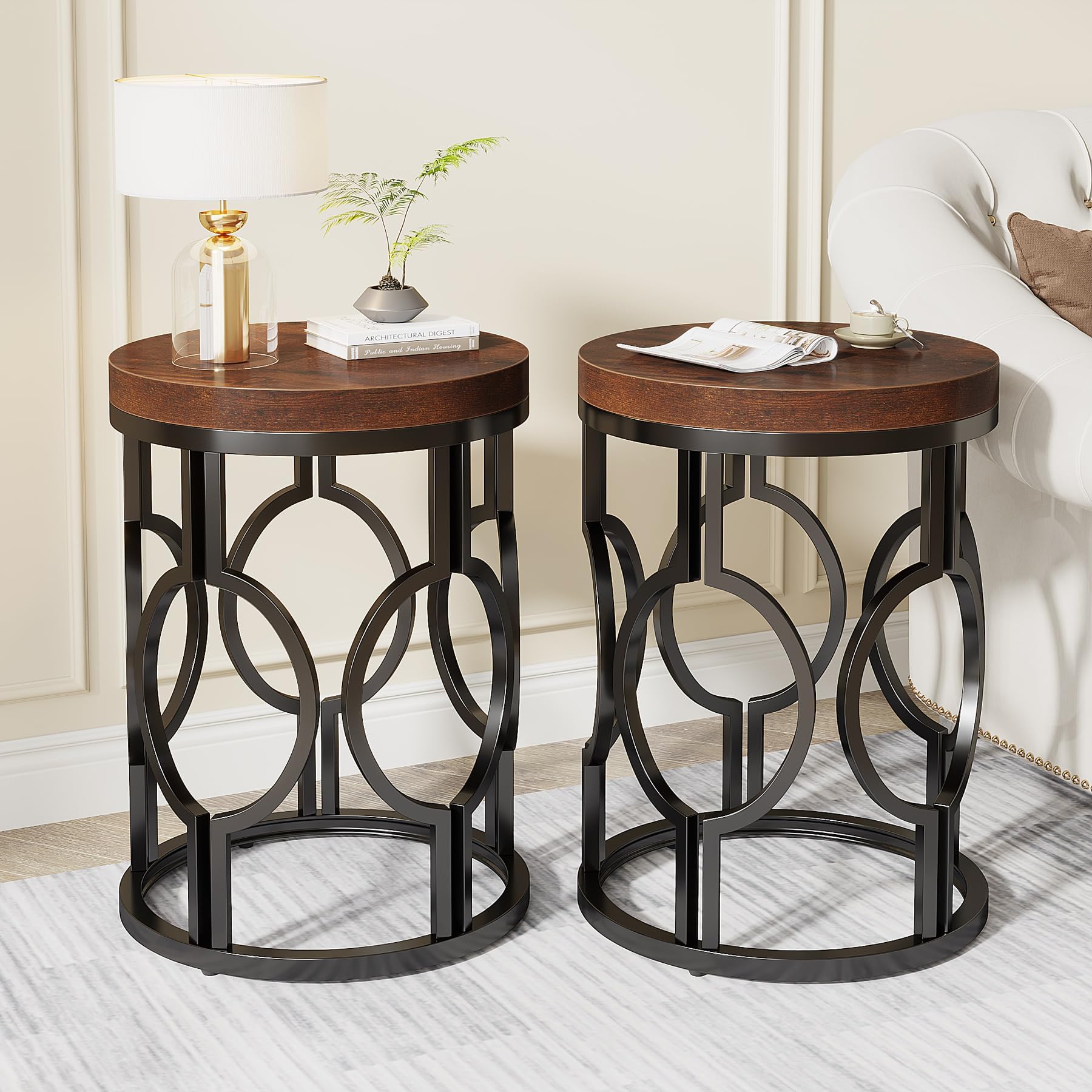 Set of 2 Round End Tables, Industrial Side Tables with Metal Hollow Frame, Small Nightstands for Bedroom or Living Room, Rustic Brown