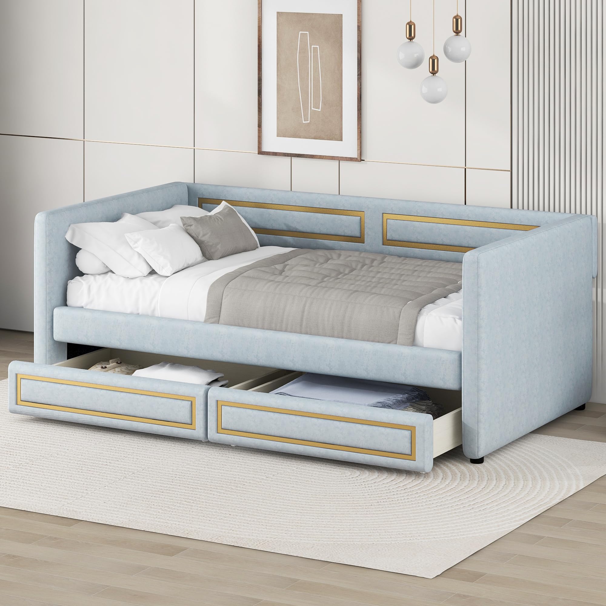 Twin Size Upholstered Daybed with Storage Drawers, Trundle Bed with Metal Border, Backrest & Armrest, Wood Slat Support, Blue